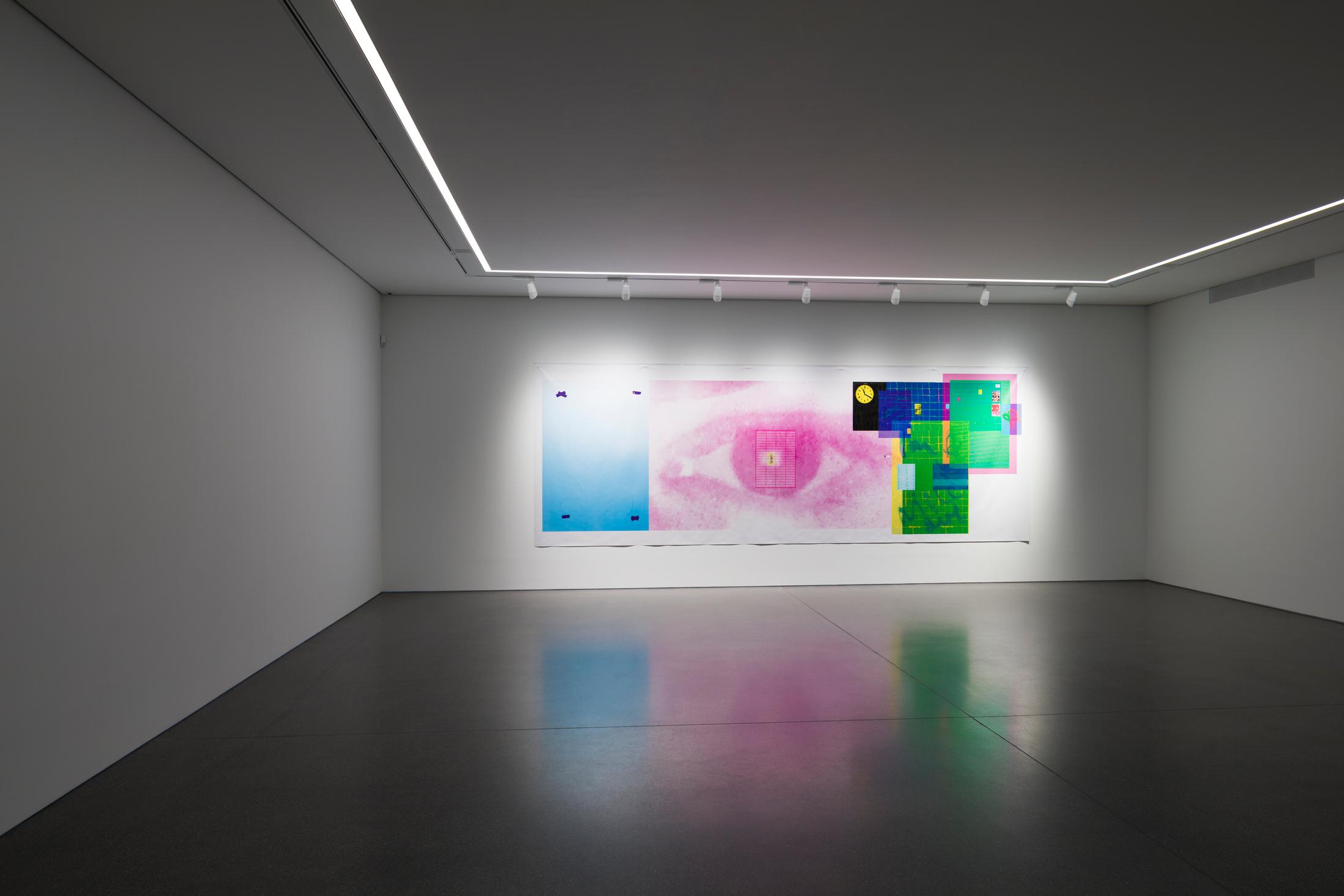 Exhibition View Linda Semadeni Solo Show «View on Linda Semadeni, Endless Love (Pink), 2023, Digitalprint auf PVC, 220 x 615 cm» at Bündner Kunstmuseum, Chur, 2023 / Photo: Björn Allemann / Courtesy: the artist and Bündner Kunstmuseum Chur