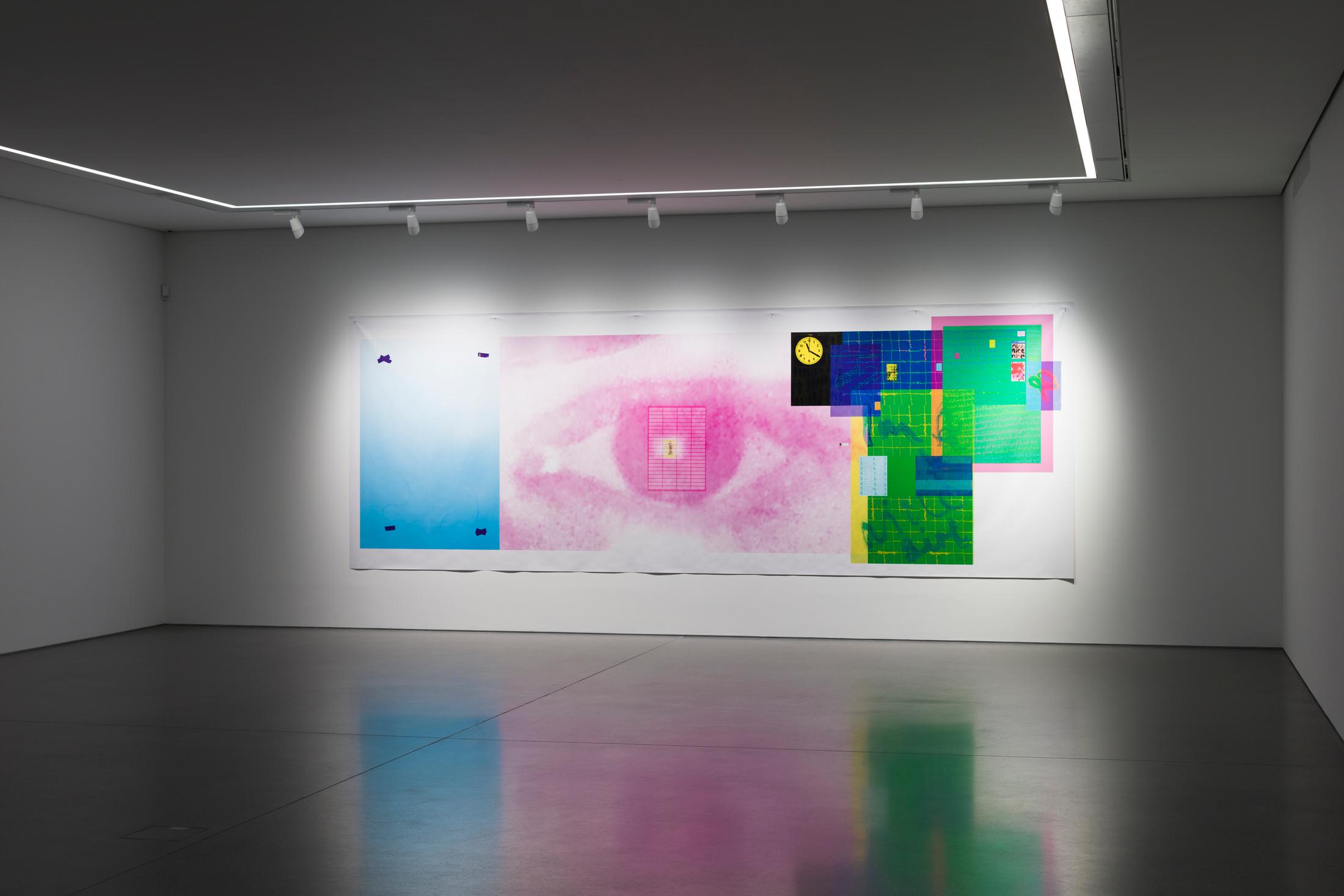 Exhibition View Linda Semadeni Solo Show «View on Linda Semadeni, Endless Love (Pink), 2023, Digitalprint auf PVC, 220 x 615 cm» at Bündner Kunstmuseum, Chur, 2023 / Photo: Björn Allemann / Courtesy: the artist and Bündner Kunstmuseum Chur