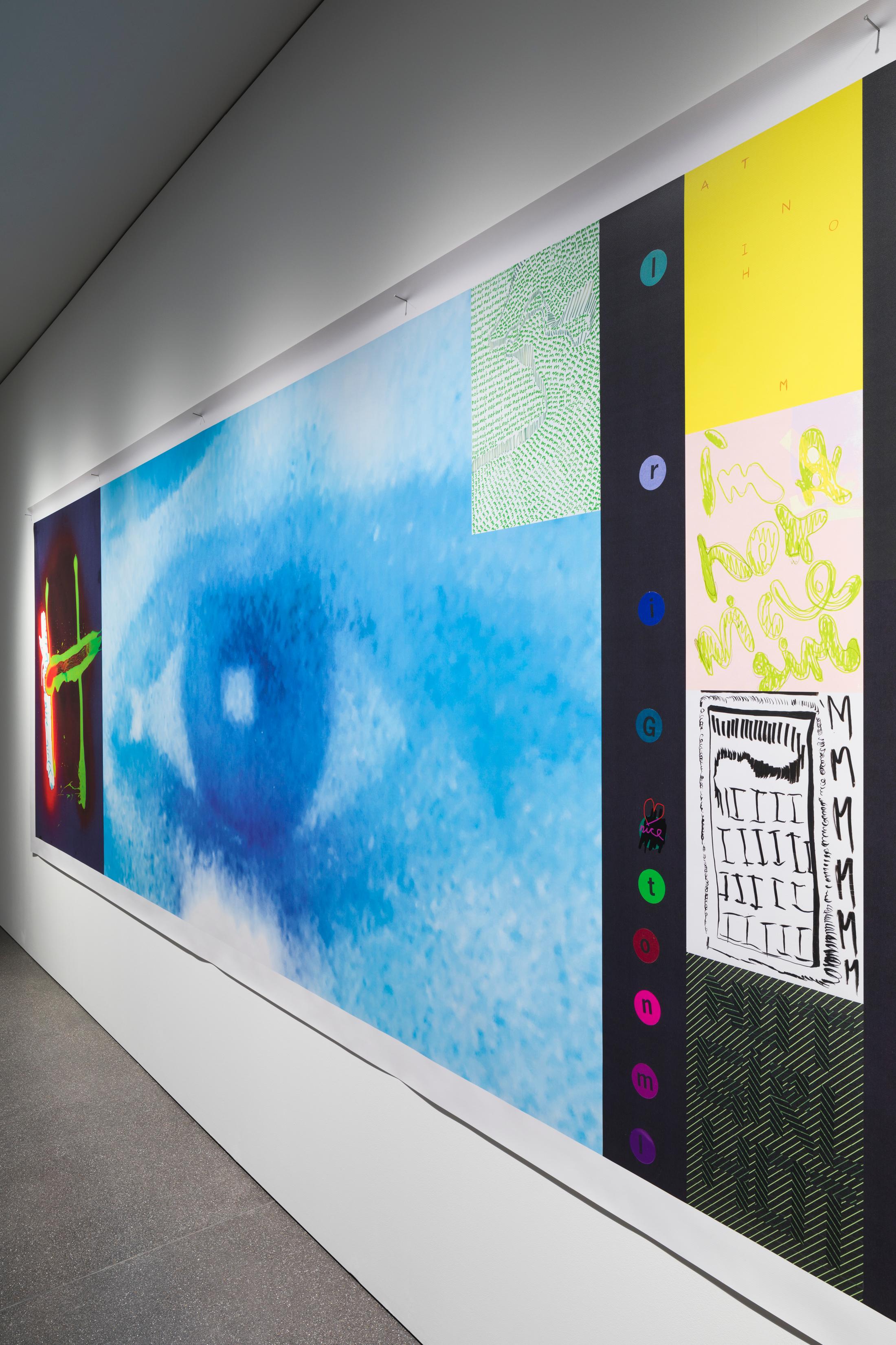 Exhibition View Linda Semadeni Solo Show «View on Linda Semadeni, Endless Love (Blue), 2023, Digitalprint auf PVC, 198 x 62 cm» at Bündner Kunstmuseum, Chur, 2023 / Photo: Björn Allemann / Courtesy: the artist and Bündner Kunstmuseum Chur