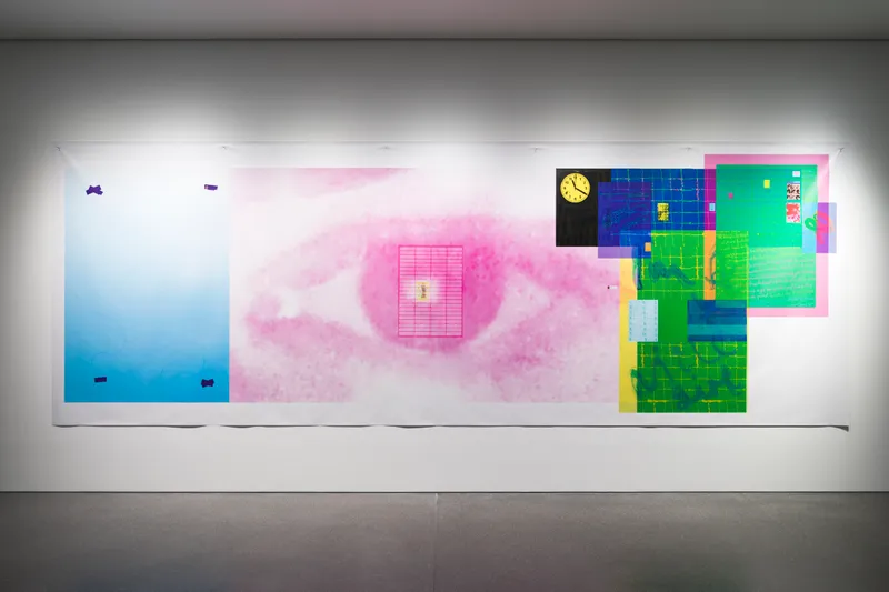 Exhibition View Linda Semadeni Solo Show «View on Linda Semadeni, Endless Love (Pink), 2023, Digitalprint auf PVC, 220 x 615 cm» at Bündner Kunstmuseum, Chur, 2023 / Photo: Björn Allemann / Courtesy: the artist and Bündner Kunstmuseum Chur