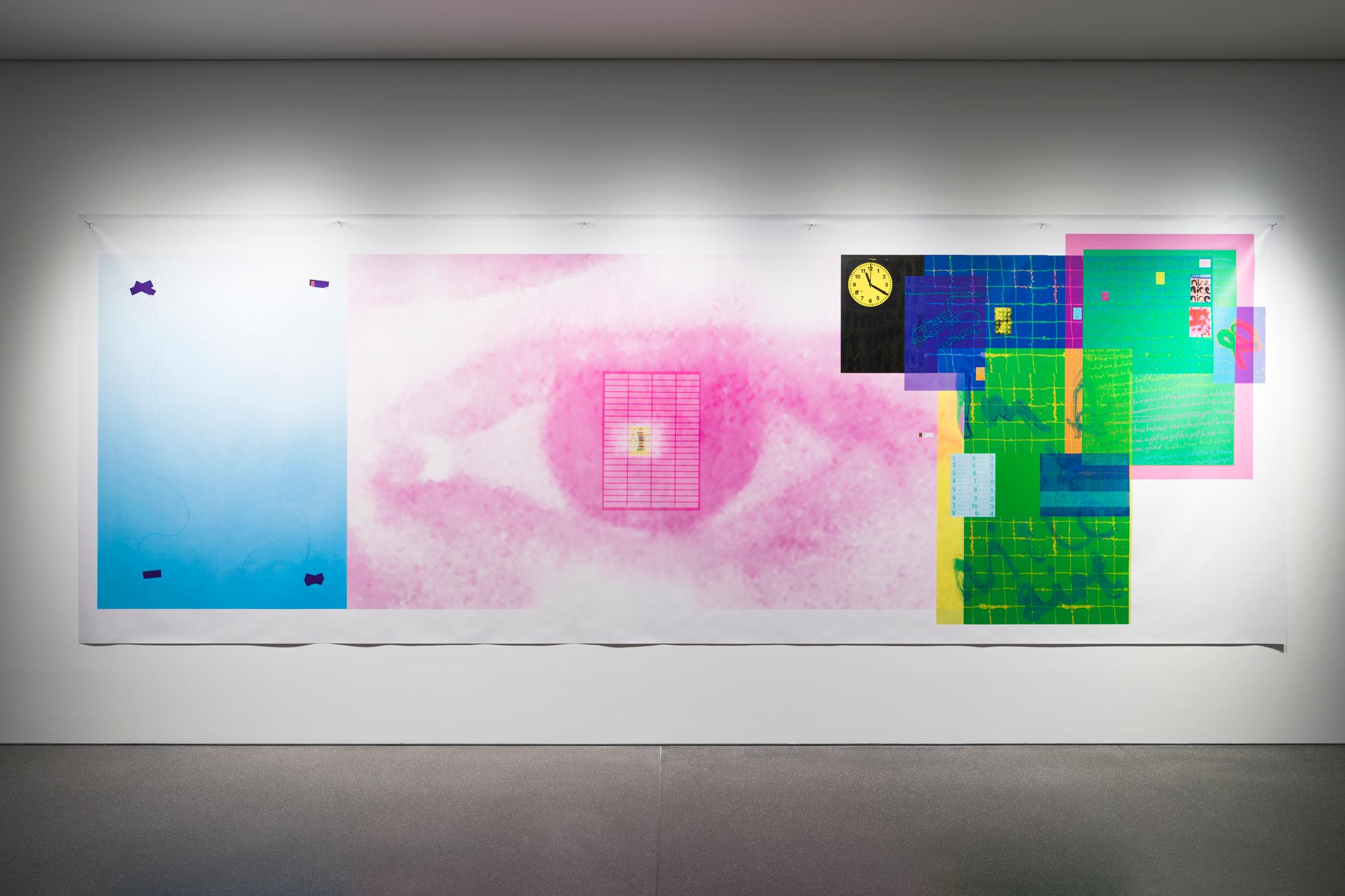 Exhibition View Linda Semadeni Solo Show «View on Linda Semadeni, Endless Love (Pink), 2023, Digitalprint auf PVC, 220 x 615 cm» at Bündner Kunstmuseum, Chur, 2023 / Photo: Björn Allemann / Courtesy: the artist and Bündner Kunstmuseum Chur