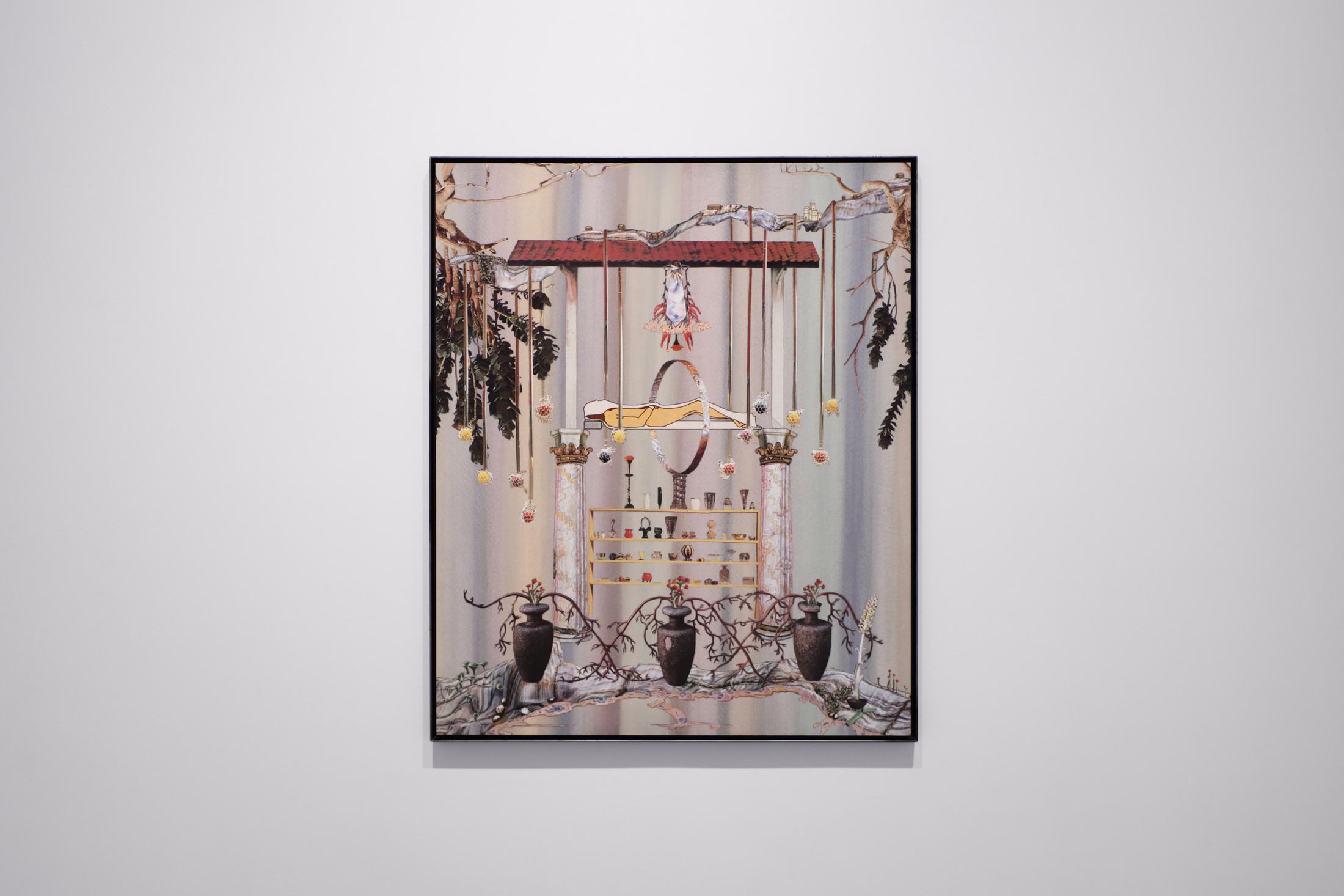 Exhibition View Linda Voorwinde Solo Show «Crack in the Dam; view on Linda Voorwinde, Floods of Relief nr. 4, ink on paper on aluminium in steel frame, 85.2 x 71.0 x 2 cm, 2021» at Windhager von Kaenel, Zurich, 2022 / Courtesy: the artist and Windhager von Kaenel