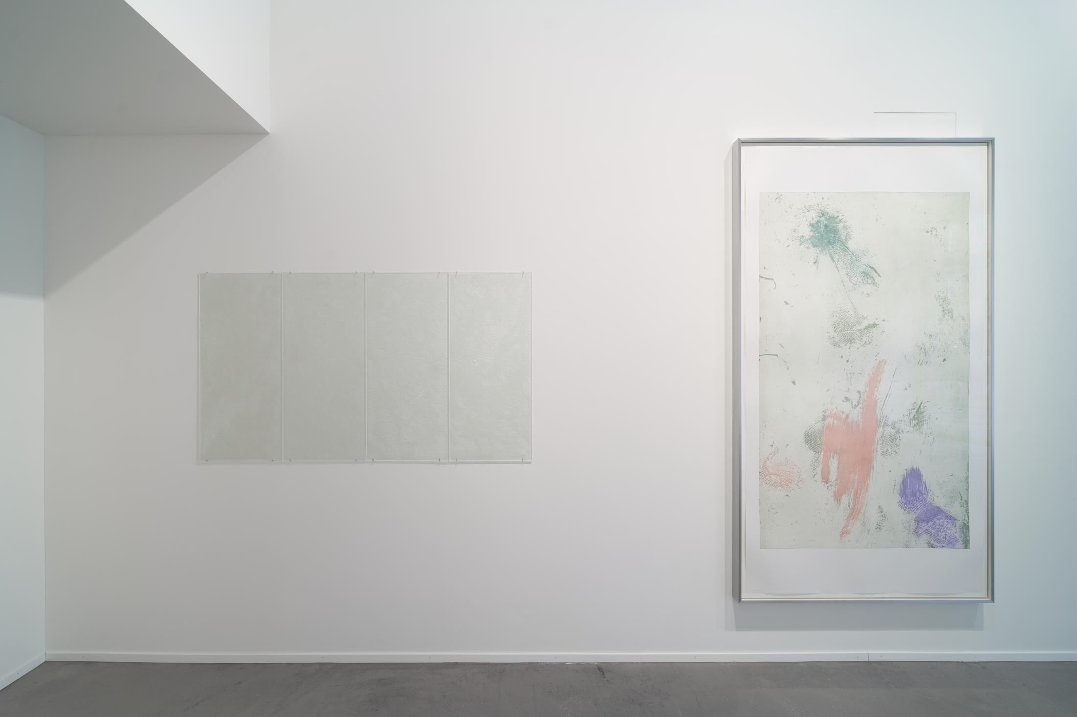 Exhibition View Group Show «Line Up; view on Augustas Serapinas, Ashes from the house in Rūdninkai, 2022 (left) and Andrea Büttner, Phone Etching, 2015 (right)» at Galerie Tschudi, Zurich, 2022 / Photo: Max Ehrengruber / Courtesy: the artists and Galerie Tschudi