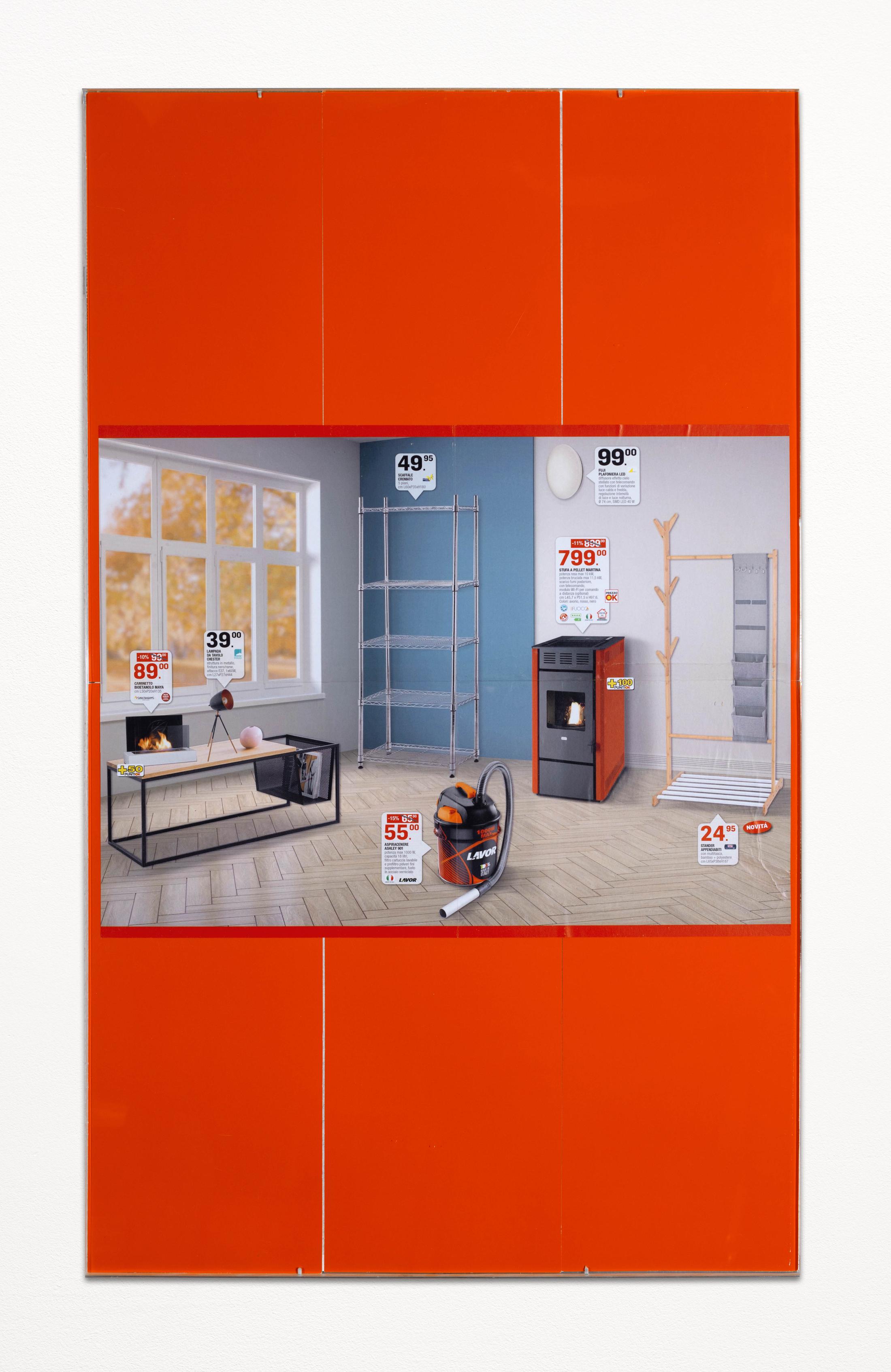Exhibition View Lorenza Longhi Solo Show «Treat Yourself to a Break; view on Lorenza Longhi, Blue living room - October Aktion, 2021, Catalogue page, cardboard, tape, plexiglass, aluminium and screws, 100 × 60 × 1.5 cm» at Weiss Falk, Basel, 2021 / Photo: Flavio Karrer / Courtesy: the artist and Weiss Falk