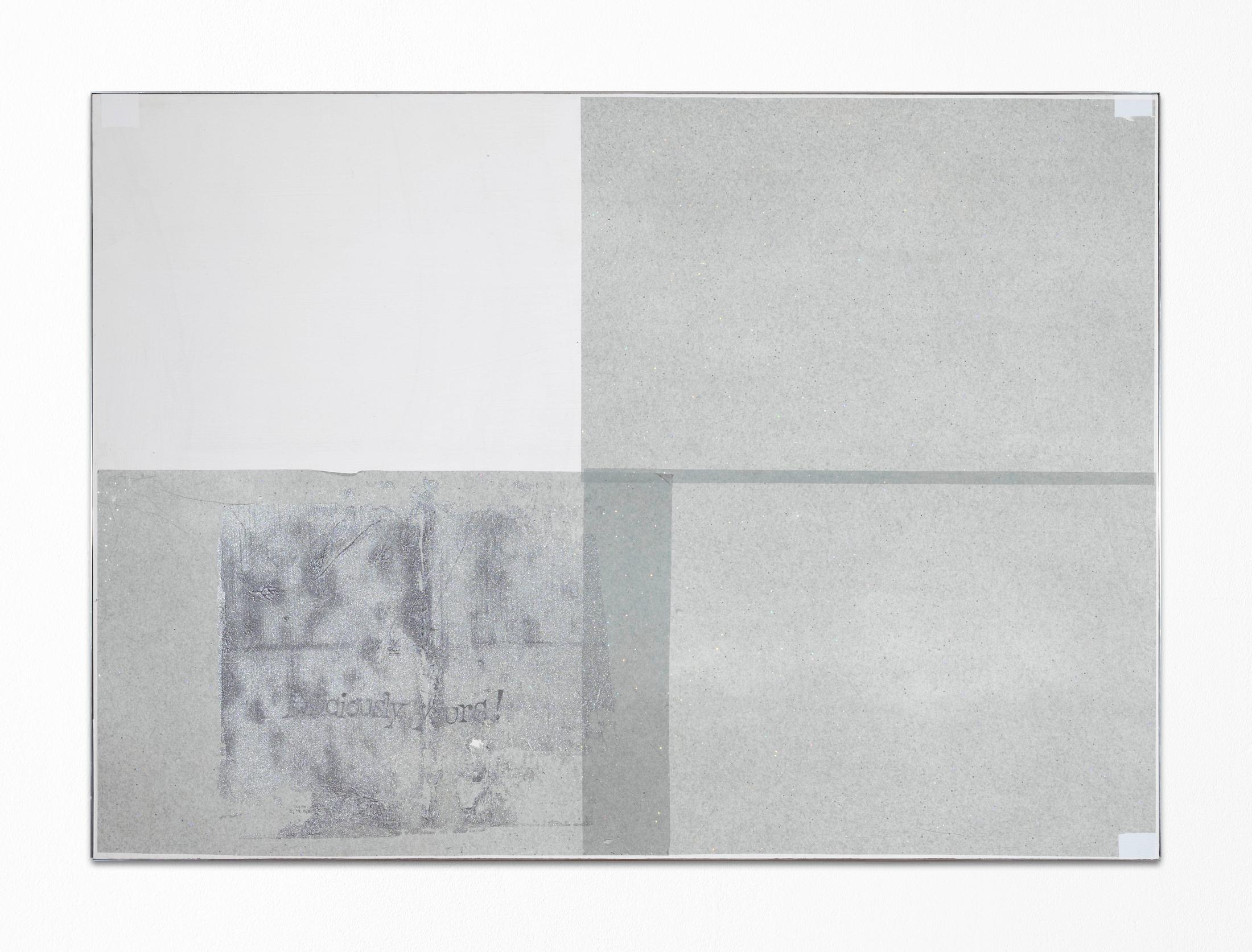 Exhibition View Lorenza Longhi Solo Show «Treat Yourself to a Break; view on Lorenza Longhi, Ma Vie En Bling, 2021, Glitter tissue paper mounted on wood panel, duct tape, aluminum and screws, 140 × 100 × 2.5 cm» at Weiss Falk, Basel, 2021 / Photo: Flavio Karrer / Courtesy: the artist and Weiss Falk