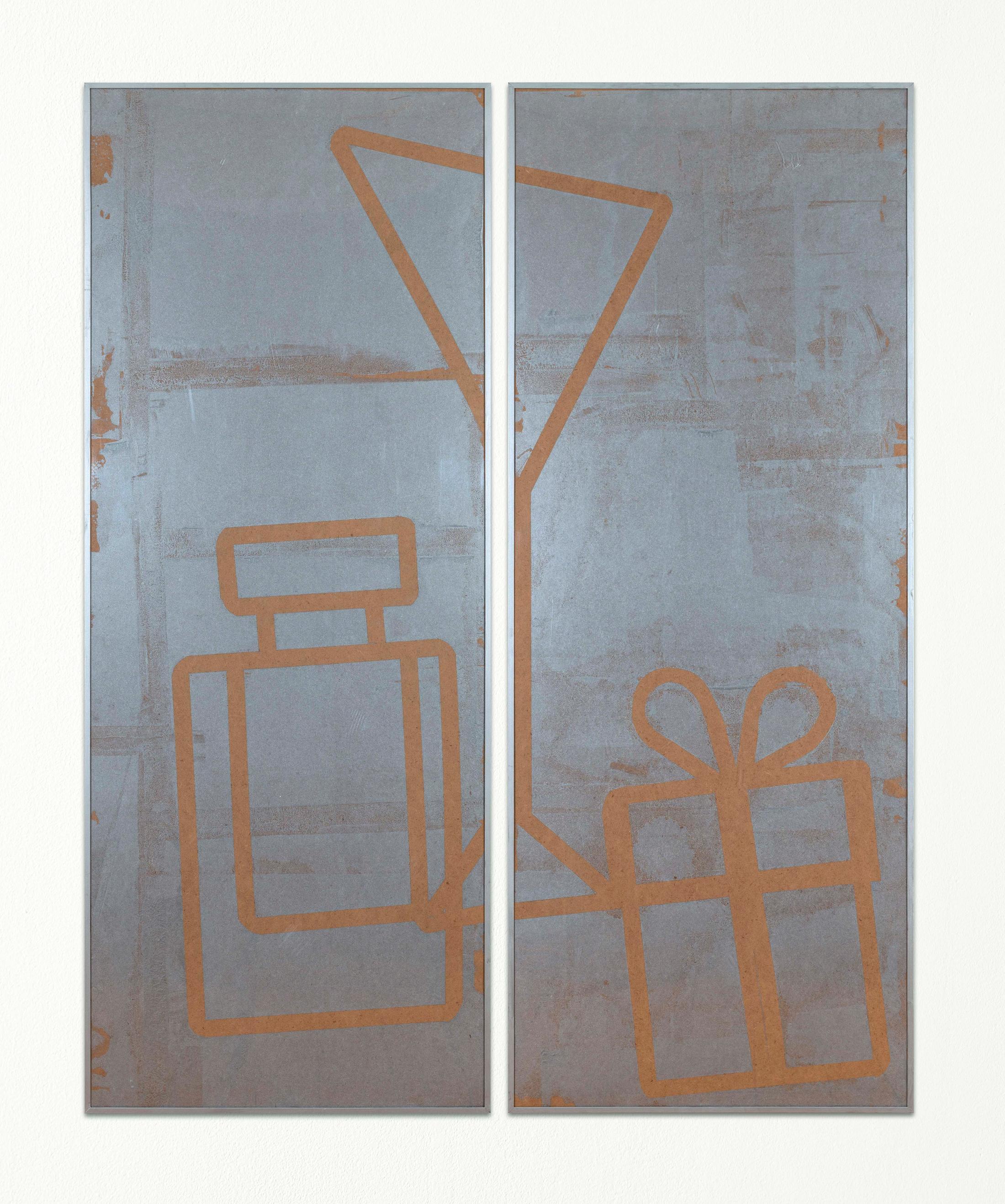 Exhibition View Lorenza Longhi Solo Show «Treat Yourself to a Break; view on Lorenza Longhi, Dutying Free, 2021, Silkscreen print on MDF in found painted frames, 150 × 120 × 2 cm» at Weiss Falk, Basel, 2021 / Photo: Flavio Karrer / Courtesy: the artist and Weiss Falk