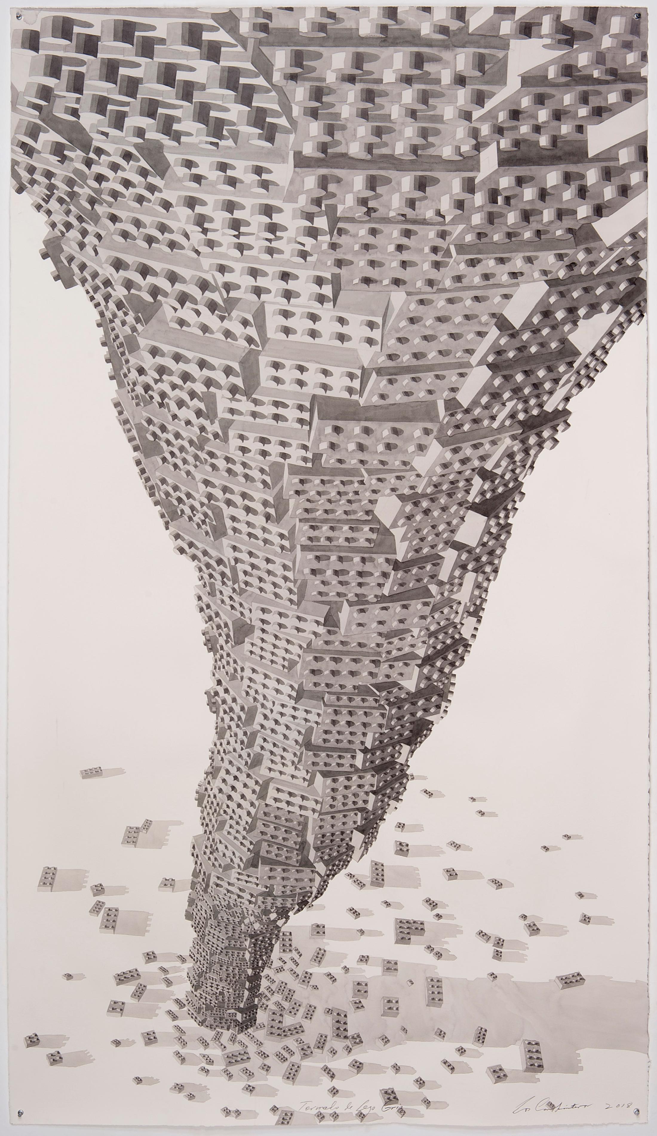 Exhibition View Los Carpinteros «Susurro del Palmar - The Whisper of the Palm Grove / View on: Tornado de Lego Gris, 2018» at Galerie Peter Kilchmann / Courtesy: the artist and Galerie Peter Kilchmann, Zurich