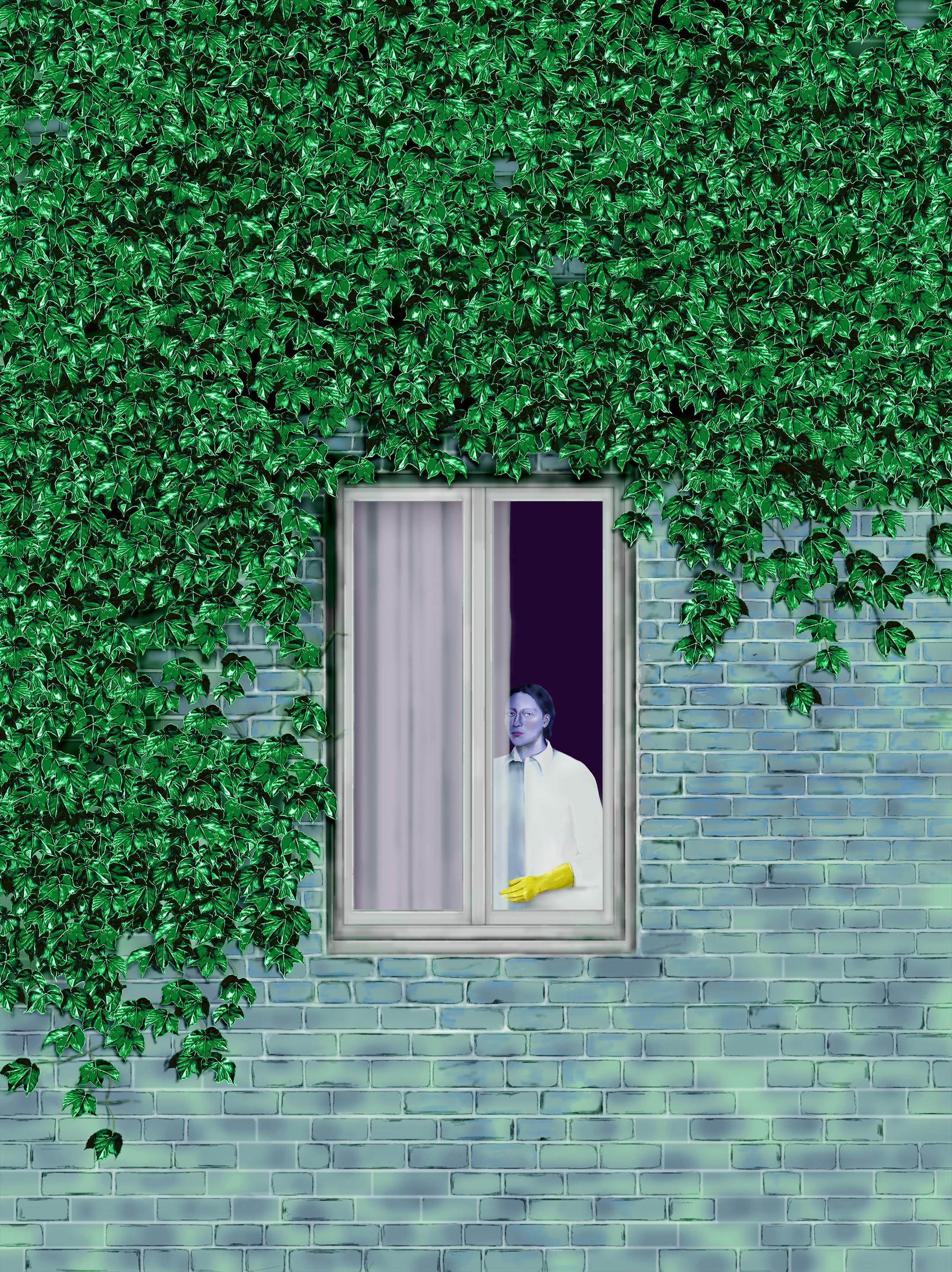 Exhibition View Louisa Gagliardi Solo Show «A Moment's Notice; view on Louisa Gagliardi, Cleaning House, 2023, 265 x 200 cm, Gel medium, ink on PVC» at Galerie Eva Presenhuber, Maag Areal, Zurich, 2023 / Photo: Stefan Altenburger / Courtesy: the artist and Galerie Eva Presenhuber