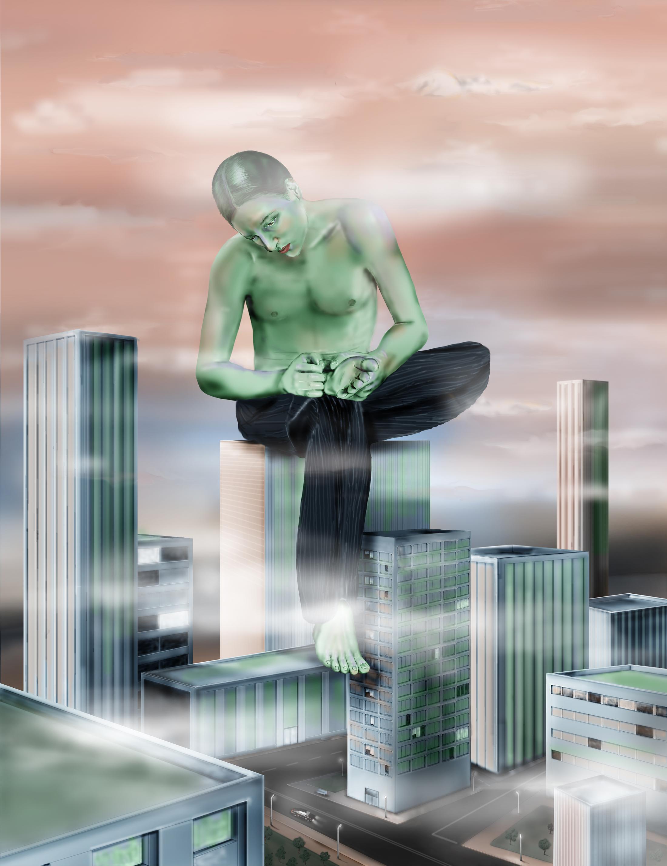 Exhibition View Louisa Gagliardi Solo Show «A Moment's Notice; view on Louisa Gagliardi, Colossus, 2023, 300 x 220 cm, Gel medium, ink on PVC» at Galerie Eva Presenhuber, Maag Areal, Zurich, 2023 / Photo: Stefan Altenburger / Courtesy: the artist and Galerie Eva Presenhuber