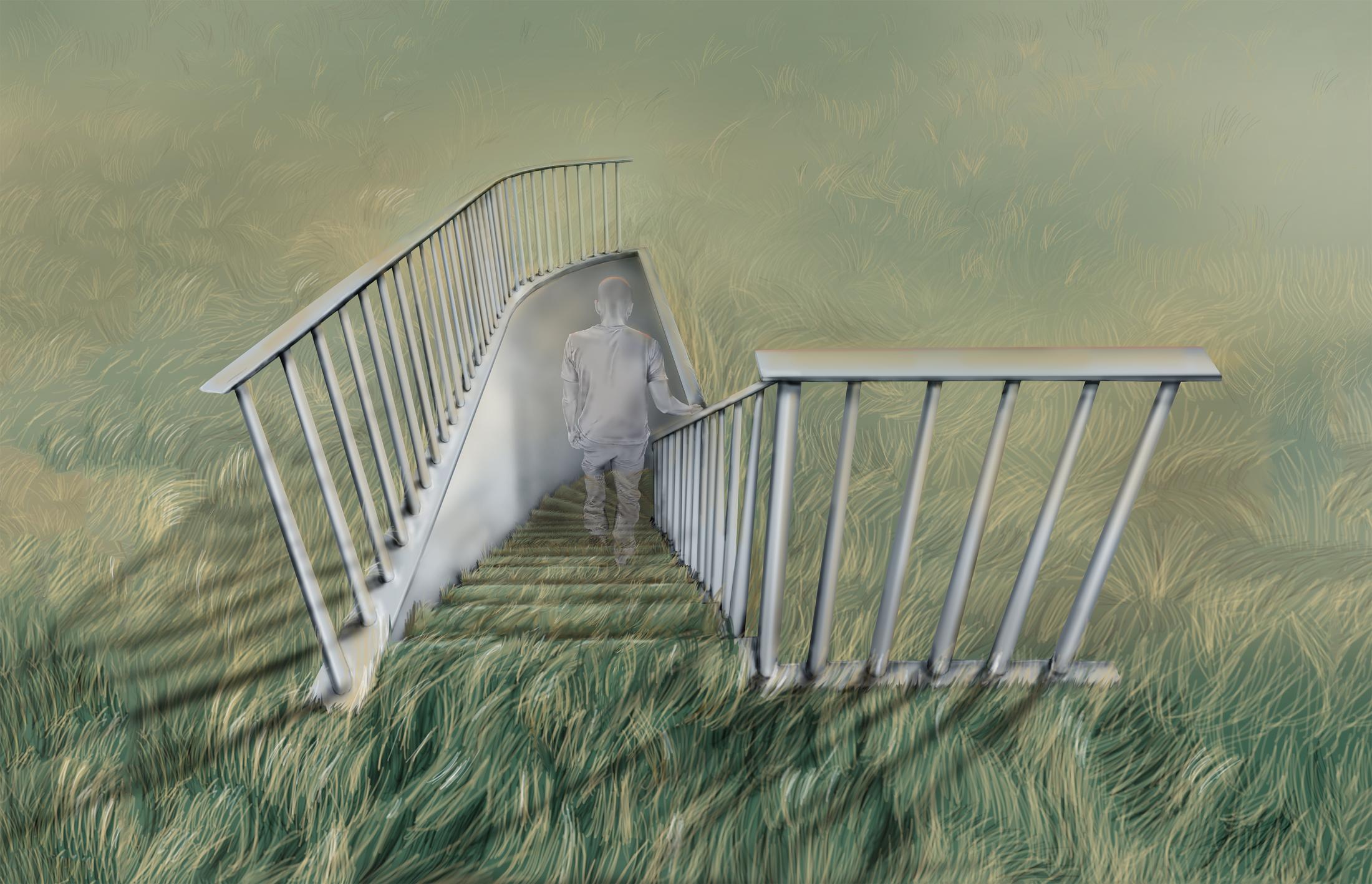 Exhibition View Louisa Gagliardi Solo Show «A Moment's Notice; view on Louisa Gagliardi, Descent, 2023, 160 x 250 cm, Gel medium, ink on PVC» at Galerie Eva Presenhuber, Maag Areal, Zurich, 2023 / Photo: Stefan Altenburger / Courtesy: the artist and Galerie Eva Presenhuber