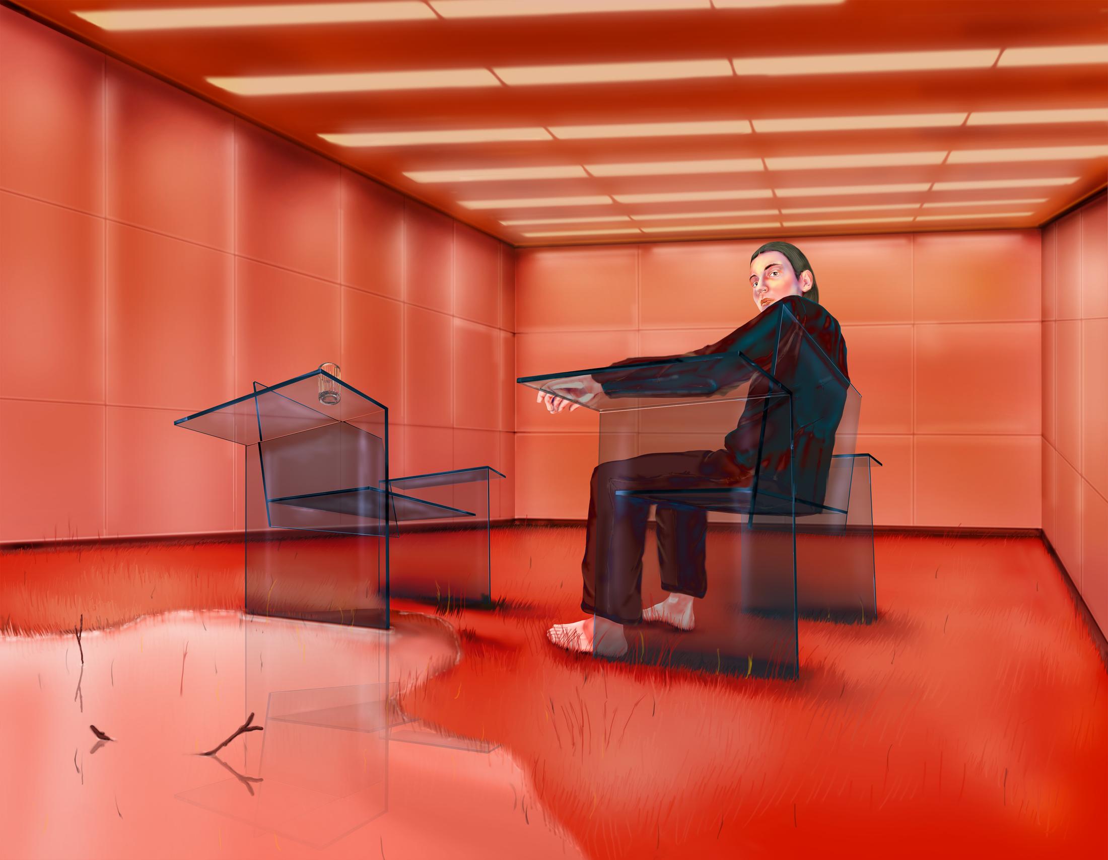 Exhibition View Louisa Gagliardi Solo Show «A Moment's Notice; view on Louisa Gagliardi, Rendezvous, 2023, 235 x 300 cm, Gel medium, ink on PVC» at Galerie Eva Presenhuber, Maag Areal, Zurich, 2023 / Photo: Stefan Altenburger / Courtesy: the artist and Galerie Eva Presenhuber