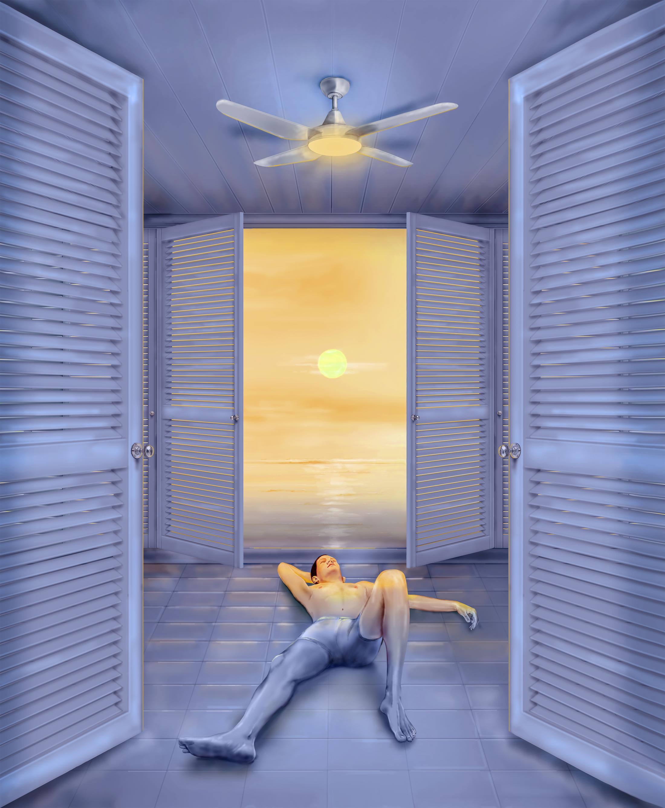 Exhibition View Louisa Gagliardi Solo Show «A Moment's Notice; view on Louisa Gagliardi, Sunbather, 2023, 250 x 200 cm, Nail Polish, ink on PVC» at Galerie Eva Presenhuber, Maag Areal, Zurich, 2023 / Photo: Stefan Altenburger / Courtesy: the artist and Galerie Eva Presenhuber