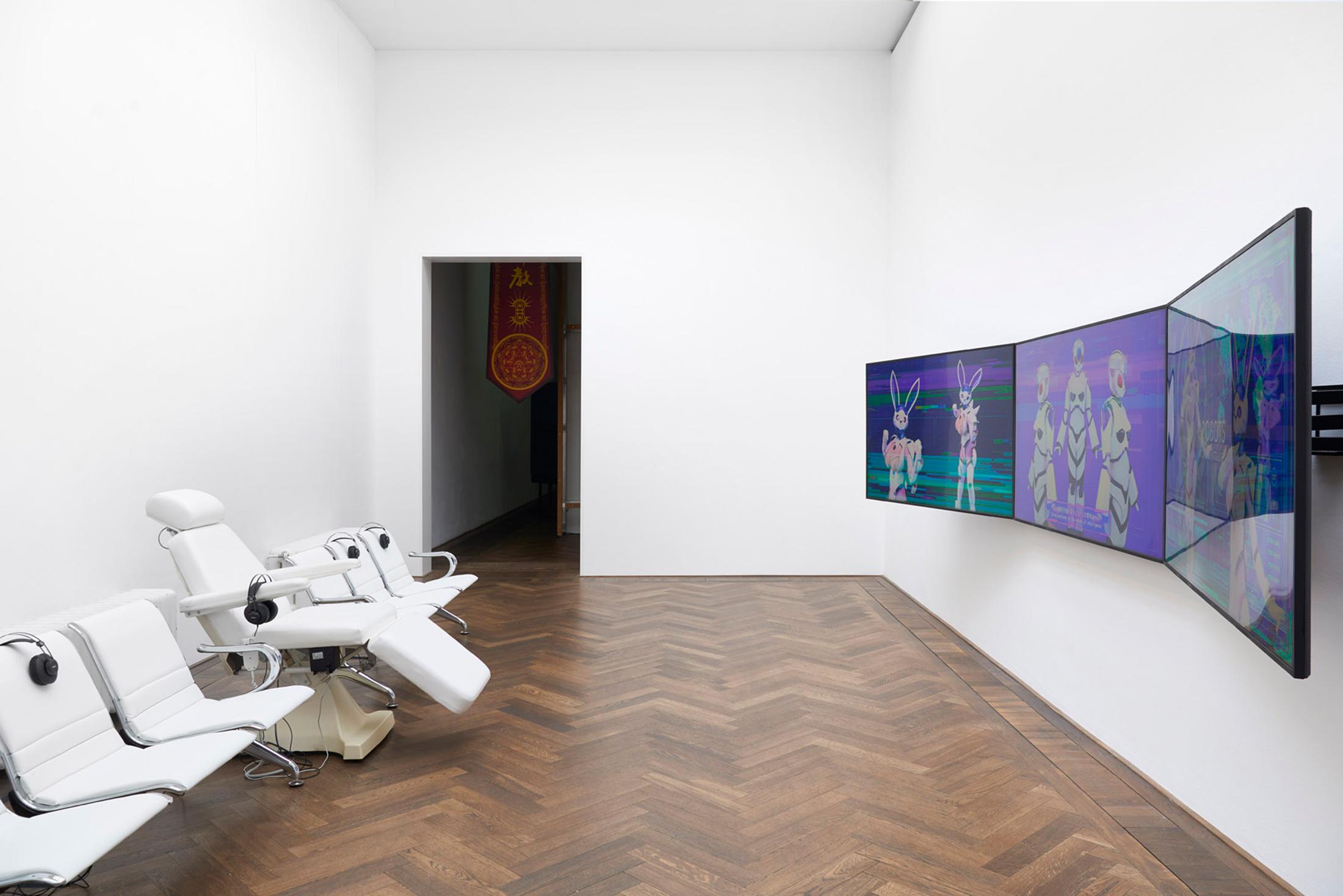 Exhibition View Lu Yang Solo Show «Lu Yang Vibratory Field; view on Lu Yang, Material World Knight, 2018» at Kunsthalle Basel, Basel, 2023 / Photo: Philipp Hänger / Courtesy: the artist and Kunsthalle Basel