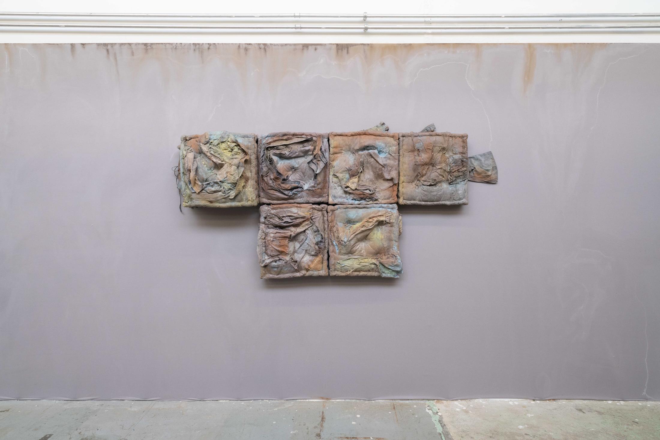 Exhibition View Manon Wertenbroek Solo Show «S(k)ins; view on Manon Wertenbroek, The cycle of repressing and articulating guilt, 2022, Textile, latex, acrylic, pigments, varnish, 225 x 100 x 15 cm» at Toxi, Zurich, 2022 / Photo: Flavio Karrer / Courtesy: the artist and Toxi, Zurich