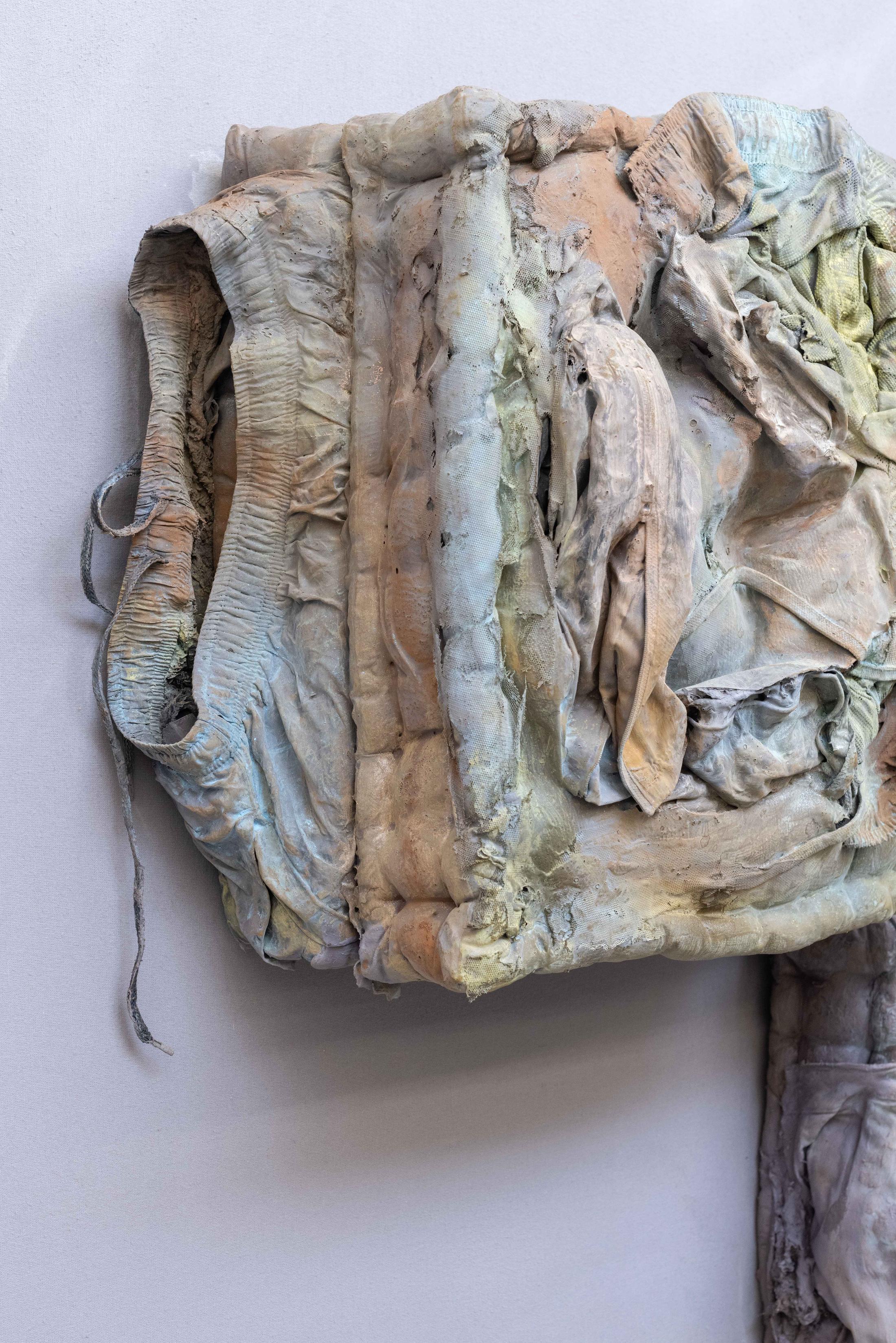 Exhibition View Manon Wertenbroek Solo Show «S(k)ins; view on Manon Wertenbroek, The cycle of repressing and articulating guilt, 2022, Textile, latex, acrylic, pigments, varnish, 225 x 100 x 15 cm» at Toxi, Zurich, 2022 / Photo: Flavio Karrer / Courtesy: the artist and Toxi, Zurich