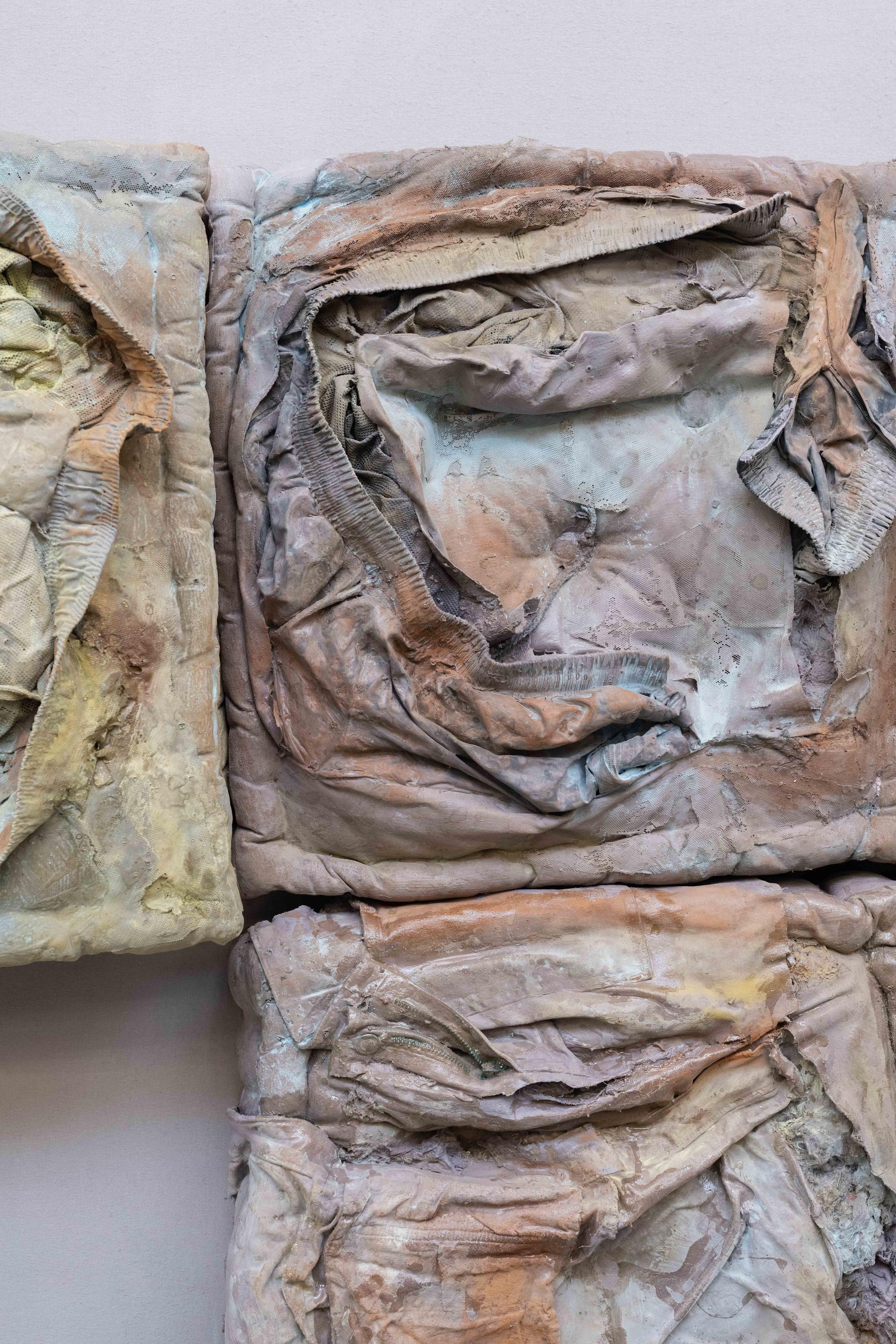 Exhibition View Manon Wertenbroek Solo Show «S(k)ins; view on Manon Wertenbroek, The cycle of repressing and articulating guilt, 2022, Textile, latex, acrylic, pigments, varnish, 225 x 100 x 15 cm» at Toxi, Zurich, 2022 / Photo: Flavio Karrer / Courtesy: the artist and Toxi, Zurich