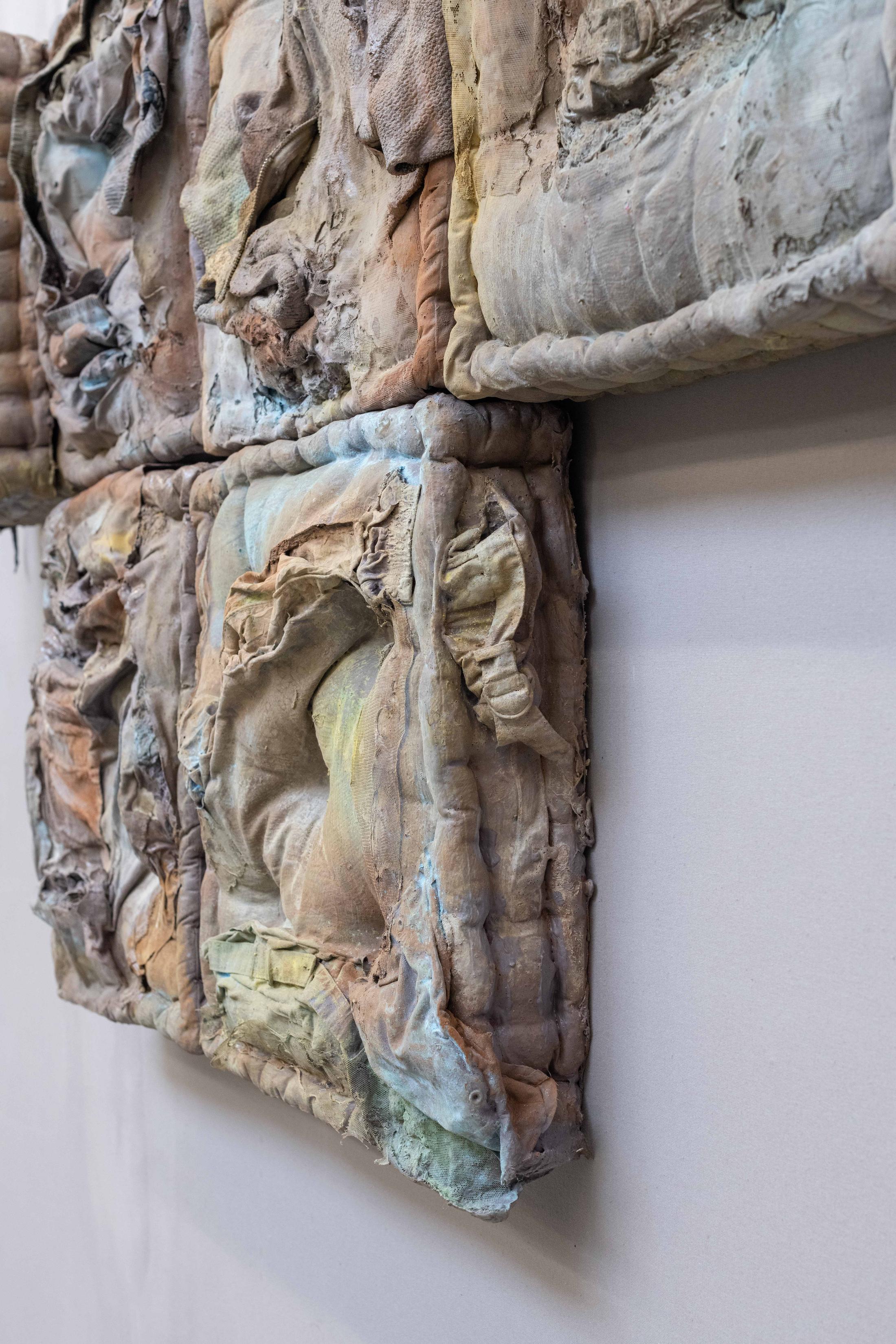 Exhibition View Manon Wertenbroek Solo Show «S(k)ins; view on Manon Wertenbroek, The cycle of repressing and articulating guilt, 2022, Textile, latex, acrylic, pigments, varnish, 225 x 100 x 15 cm» at Toxi, Zurich, 2022 / Photo: Flavio Karrer / Courtesy: the artist and Toxi, Zurich