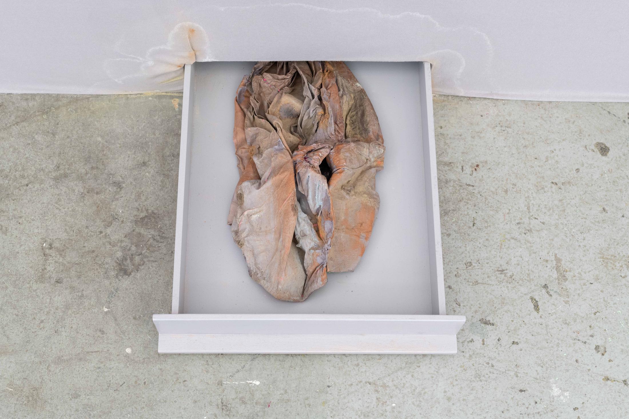 Exhibition View Manon Wertenbroek Solo Show «S(k)ins; view on Manon Wertenbroek, Vulnerability, tired, 2022, Textile, latex, acrylic, pigments, varnish, 43 x 27,5 x 3,5 cm» at Toxi, Zurich, 2022 / Photo: Flavio Karrer / Courtesy: the artist and Toxi, Zurich