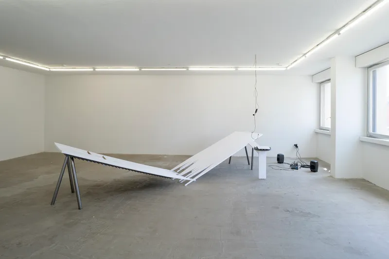 Exhibition View Mara Wohnhaas Solo Show «The fly on a speaker's nose; view on Mara Wohnhaas, The fly on a speaker's nose, 2023, Wooden board, fabric, acoustic, foam, shows, sand, root, headset microphone, text on paper, steel, nails, staples, 400 x 160 x 80 cm» at Hamlet, Zurich, 2023 / Photo: Claude Barrault / Courtesy: the artist and Hamlet