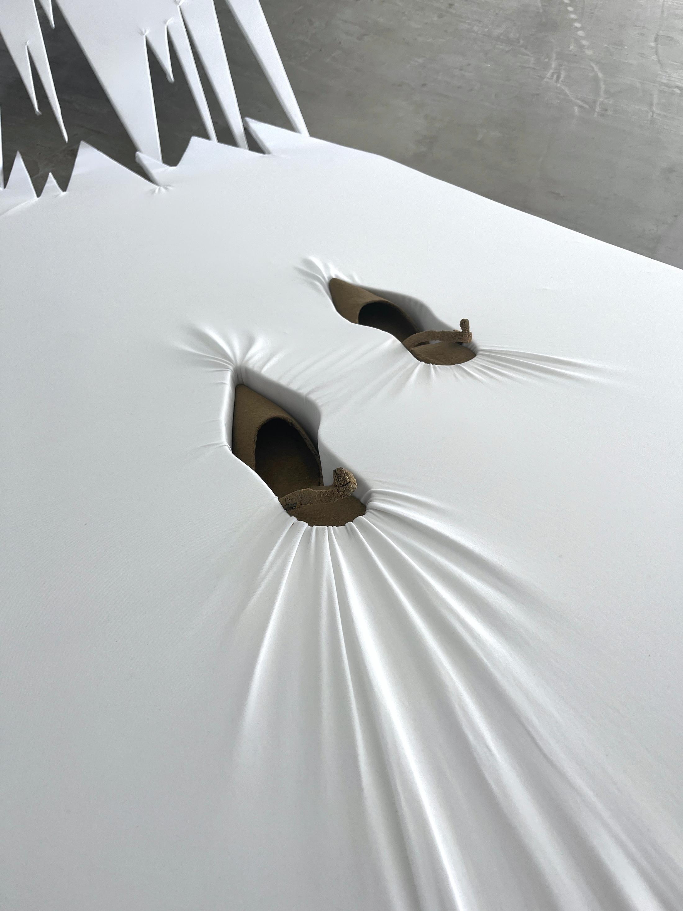 Exhibition View Mara Wohnhaas Solo Show «The fly on a speaker's nose; view on Mara Wohnhaas, The fly on a speaker's nose (Detail), 2023, Wooden board, fabric, acoustic, foam, shows, sand, root, headset microphone, text on paper, steel, nails, staples, 400 x 160 x 80 cm» at Hamlet, Zurich, 2023 / Photo: Mara Wohnhaas / Courtesy: the artist and Hamlet