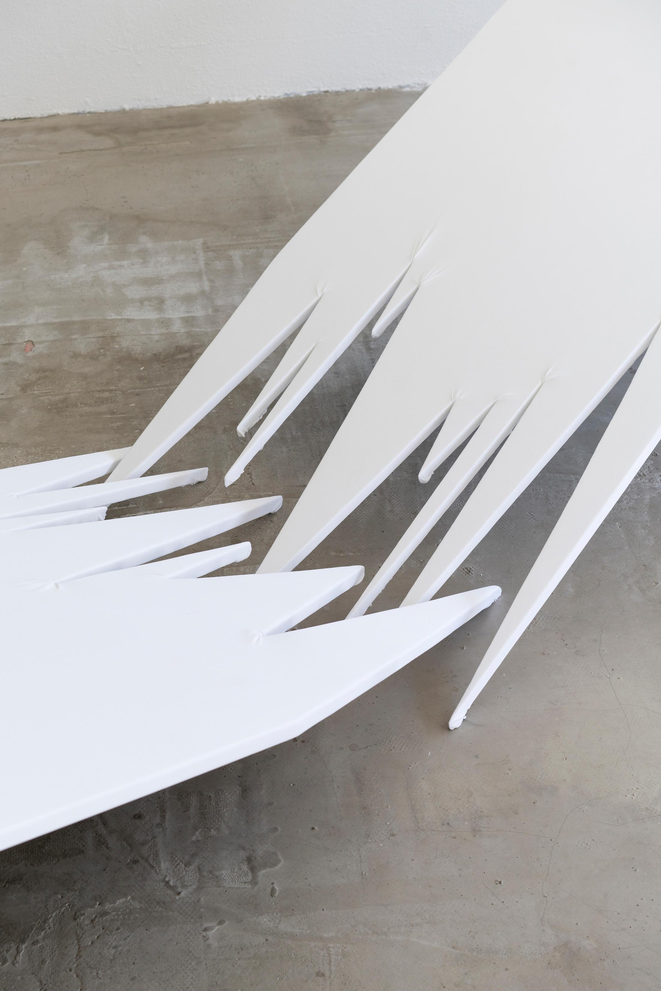 Exhibition View Mara Wohnhaas Solo Show «The fly on a speaker's nose; view on Mara Wohnhaas, The fly on a speaker's nose (Detail), 2023, Wooden board, fabric, acoustic, foam, shows, sand, root, headset microphone, text on paper, steel, nails, staples, 400 x 160 x 80 cm» at Hamlet, Zurich, 2023 / Photo: Claude Barrault / Courtesy: the artist and Hamlet