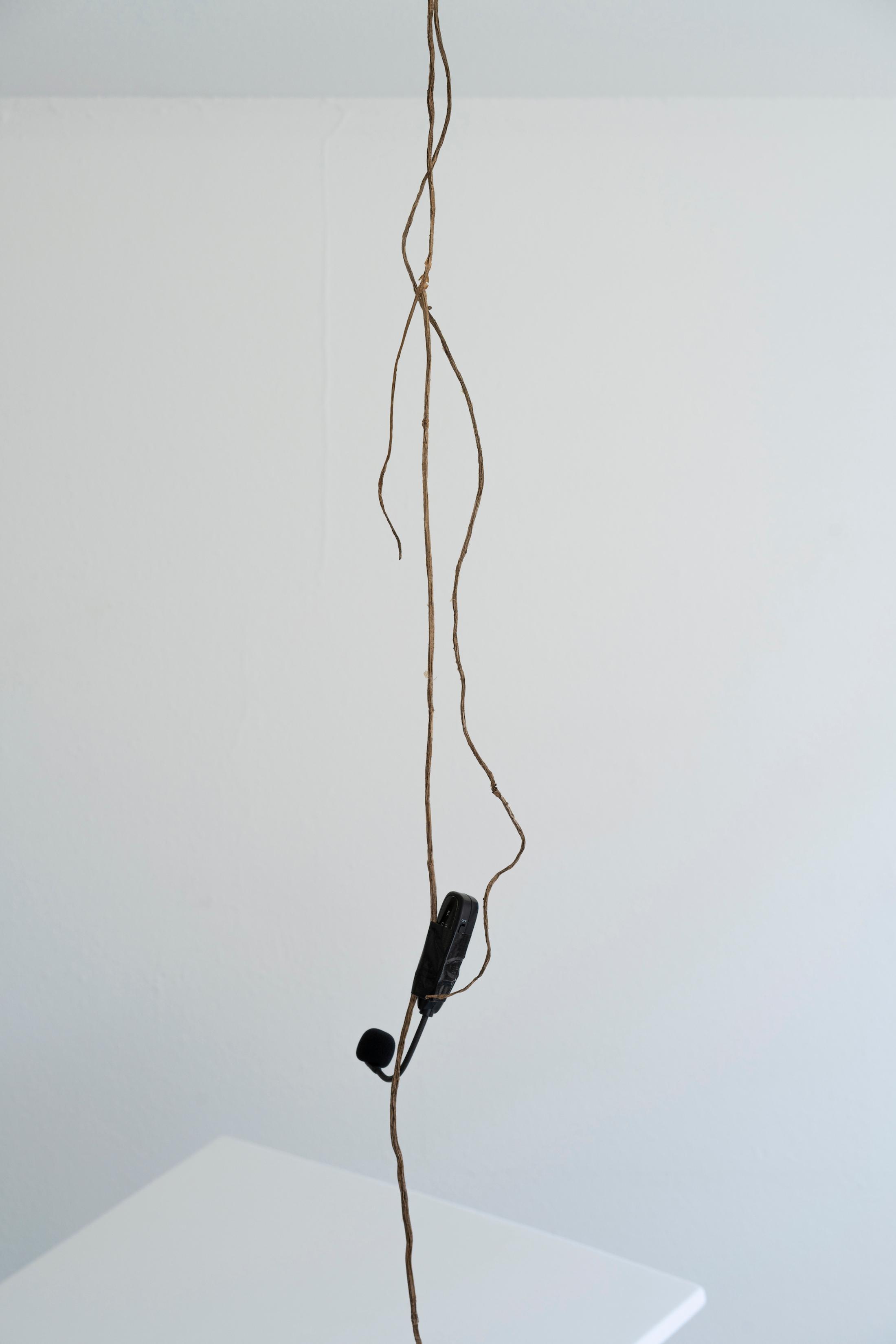 Exhibition View Mara Wohnhaas Solo Show «The fly on a speaker's nose; view on Mara Wohnhaas, The fly on a speaker's nose (Detail), 2023, Wooden board, fabric, acoustic, foam, shows, sand, root, headset microphone, text on paper, steel, nails, staples, 400 x 160 x 80 cm» at Hamlet, Zurich, 2023 / Photo: Claude Barrault / Courtesy: the artist and Hamlet