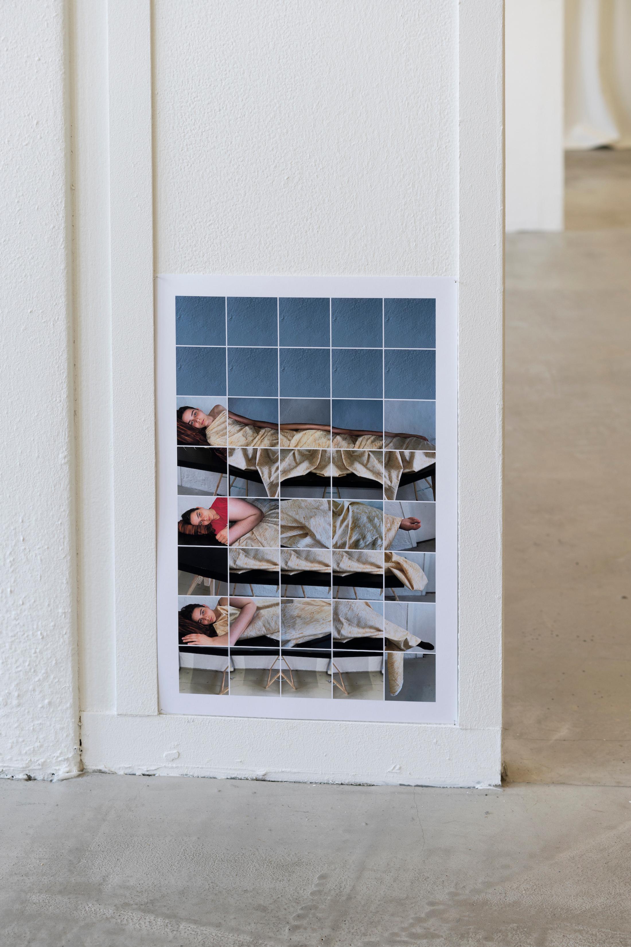 Exhibition View Mara Wohnhaas Solo Show «The fly on a speaker's nose; view on Mara Wohnhaas, Hosteling, 2023, Print on paper, 42.7 x 28.5 cm» at Hamlet, Zurich, 2023 / Photo: Claude Barrault / Courtesy: the artist and Hamlet