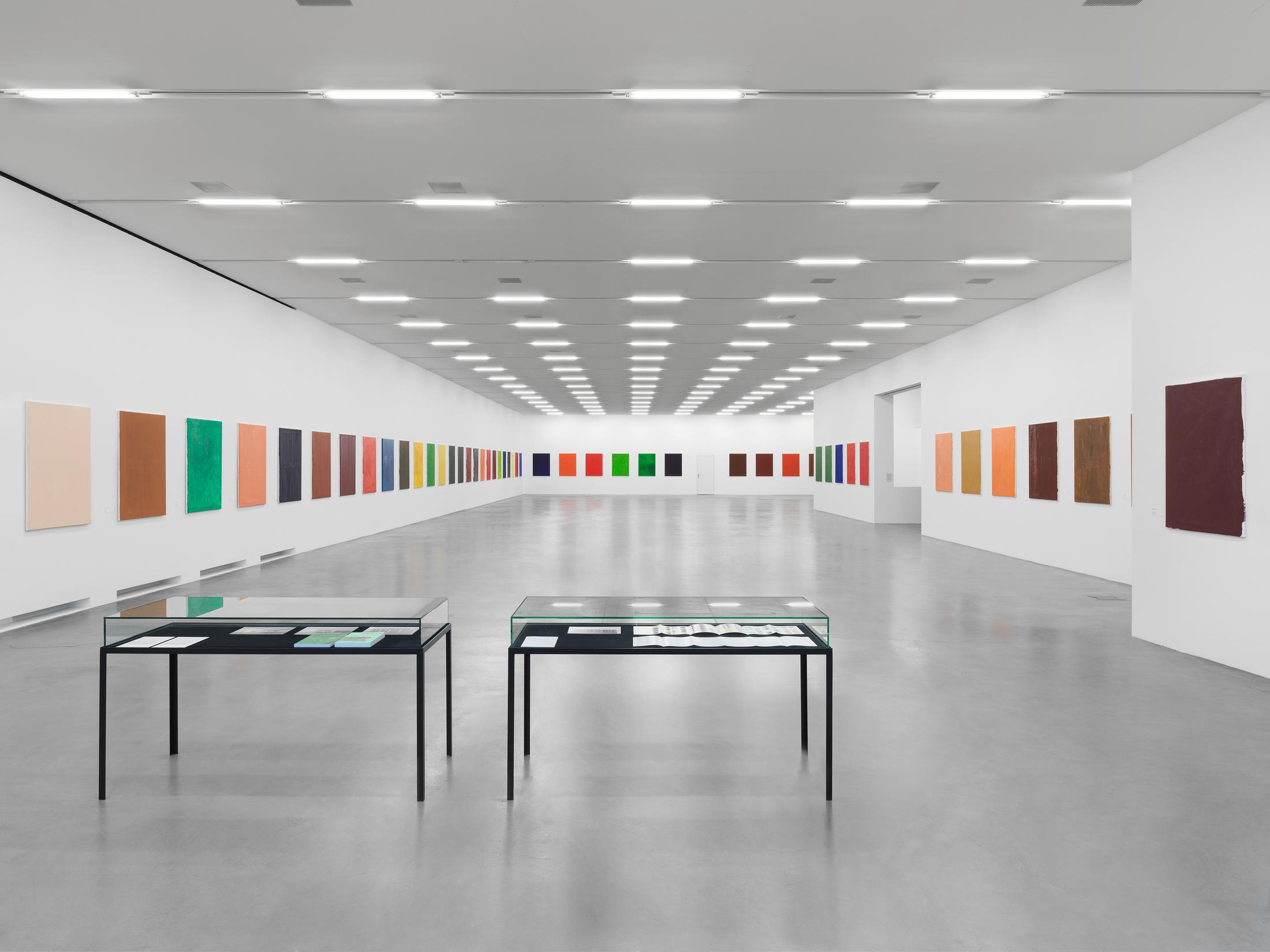 Maria Eichhorn, 72 Bilder (1992–93), 72 monochrome painted canvases, name tags, labeling on the reverse side of the canvases, each 123 x 93 cm, vitrine, Sammlung Migros Museum für Gegenwartskunst, photo: Stefan Altenburger Photography, Zurich © ProLitteris, Zürich