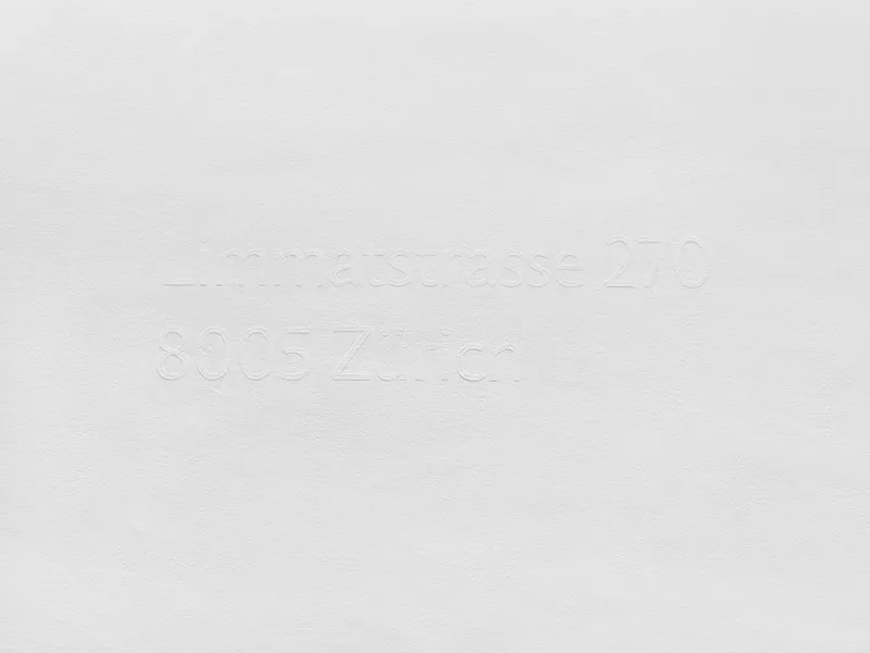 Maria Eichhorn, Limmatstrasse 270, 8005 Zürich (2011/2018), postal address, wall text, bas-relief, white emulsion paint on a white wall, manual application of paint with a brush in multiple layers, typeface: Jigsaw Regular, Dimensions variable, here: 27 x 98,3 cm, Wall painting: Christian Eberhard, Sammlung Migros Museum für Gegenwartskunst, photo: Stefan Altenburger Photography, Zurich © ProLitteris, Zürich