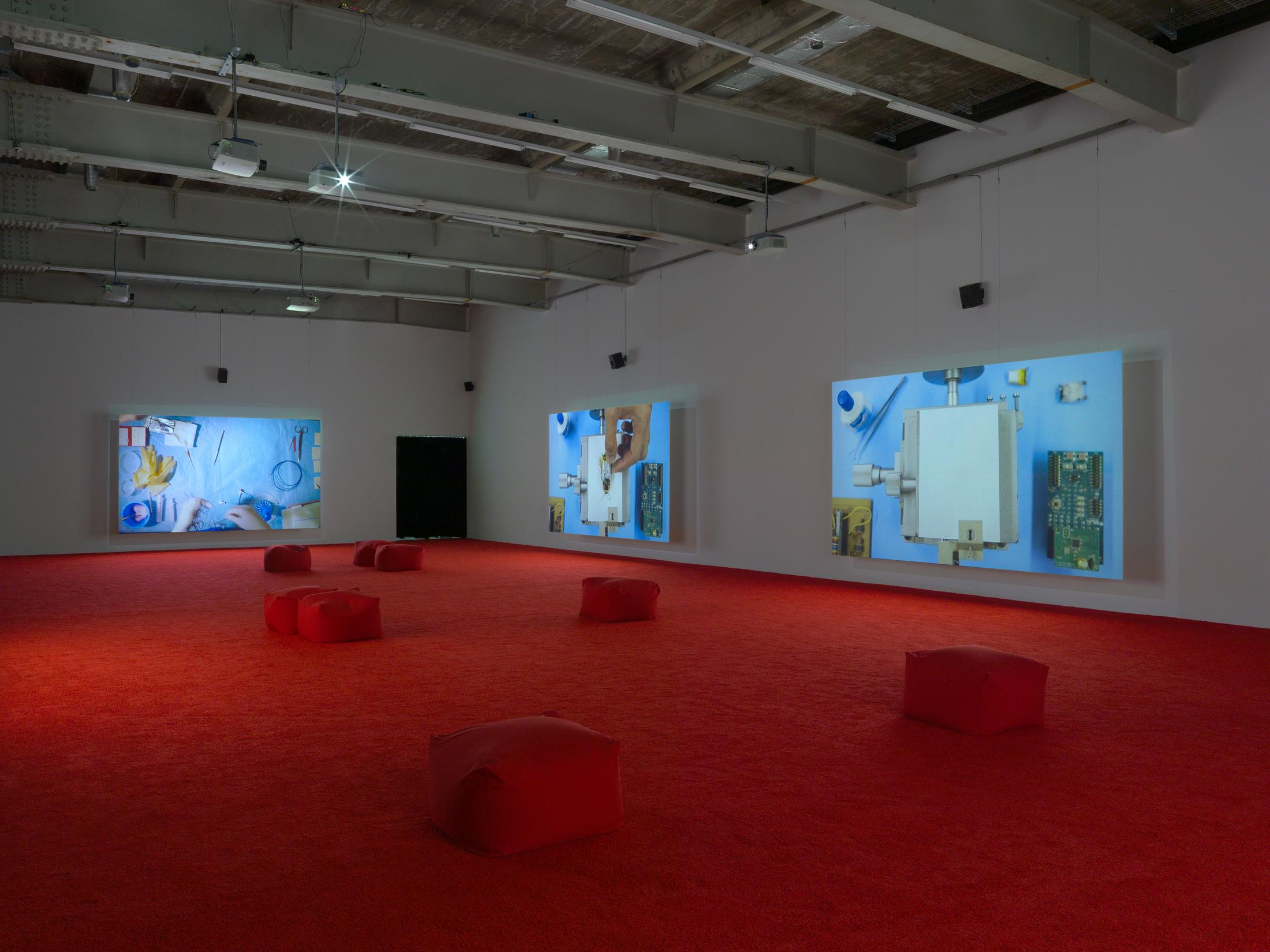 Exbition View Marianna Simnett Soloshow «LAB RATS; view on Blood In My Milk, 2018» at Kunsthalle Zürich, Zurich, 2019 / Photo: Annik Wetter / Courtesy: the artist and Kunsthalle Zürich