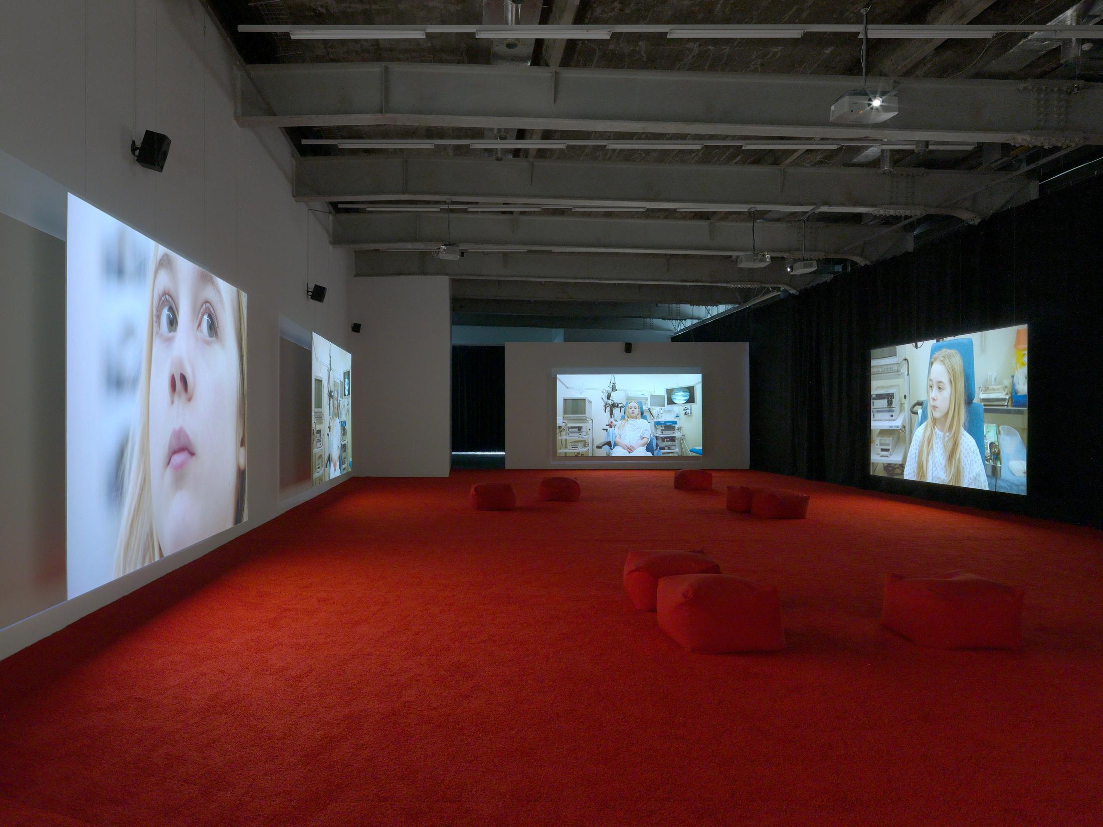 Exbition View Marianna Simnett Soloshow «LAB RATS; view on Blood In My Milk, 2018» at Kunsthalle Zürich, Zurich, 2019 / Photo: Annik Wetter / Courtesy: the artist and Kunsthalle Zürich