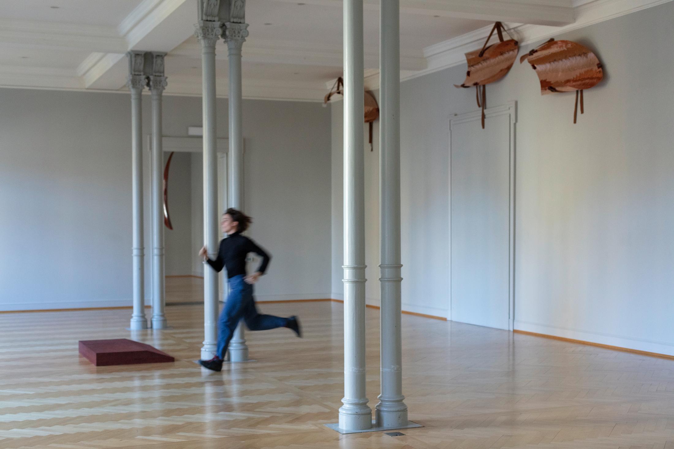 Exhibition View Marie Lund Solo Show «The Falling; view on Cally Spooner, An Exchangeable Solo Built From The Knowledge Of Two (Performance), 2016/2021» at Kunstmuseum St. Gallen, 2021-2022 / Photo: Stefan Rohner / Courtesy: the artist and gb agency