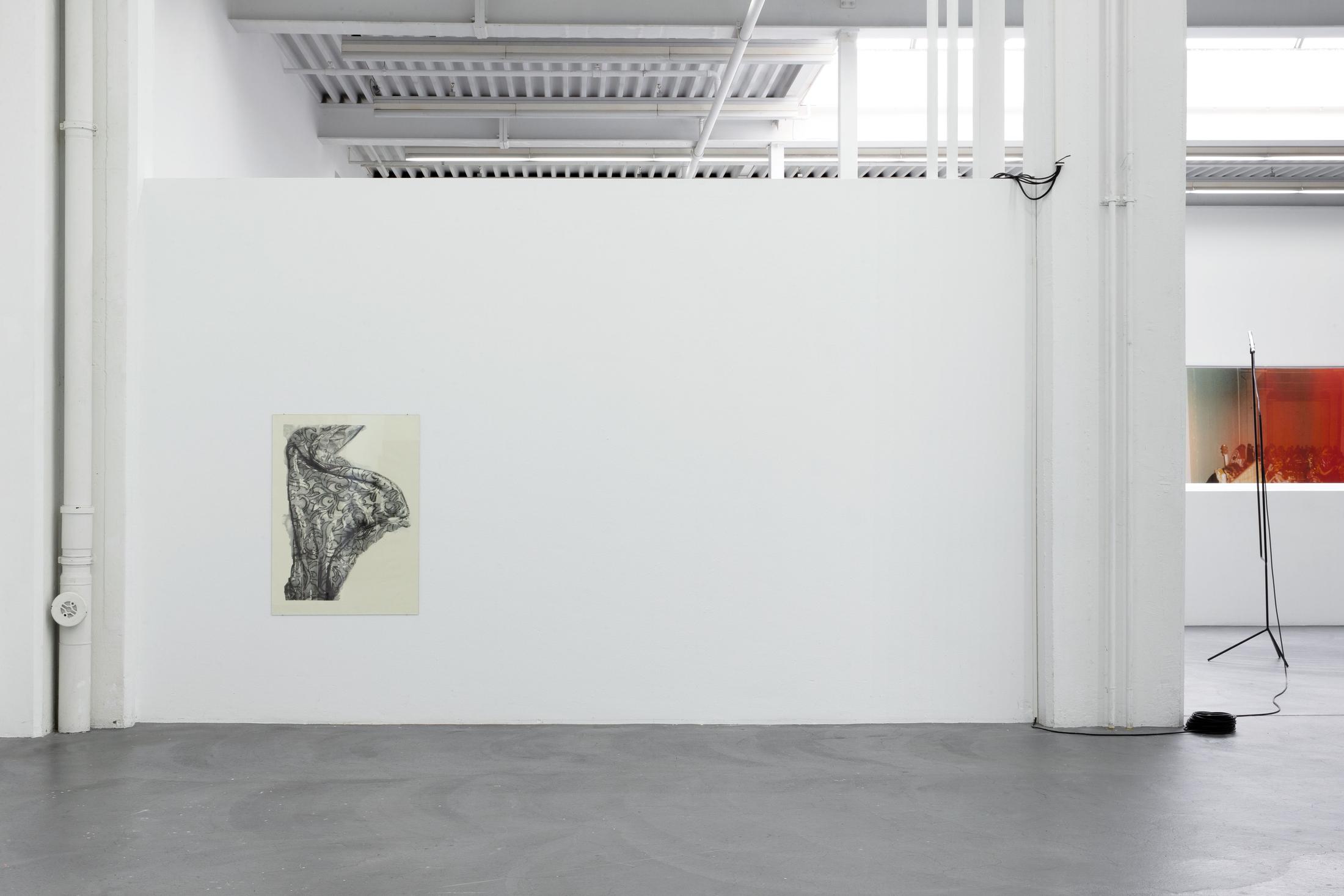 Exhibition View Marina Rosenfeld Solo Show «We'll start a fire; view on Marina Rosenfeld, Annotation (Bow); Receiver #3; Curtain, 2021» at Kunsthaus Baselland, Muttenz, 2021 / Photo: Gina Folly Courtesy: the artist and Kunsthaus Baselland