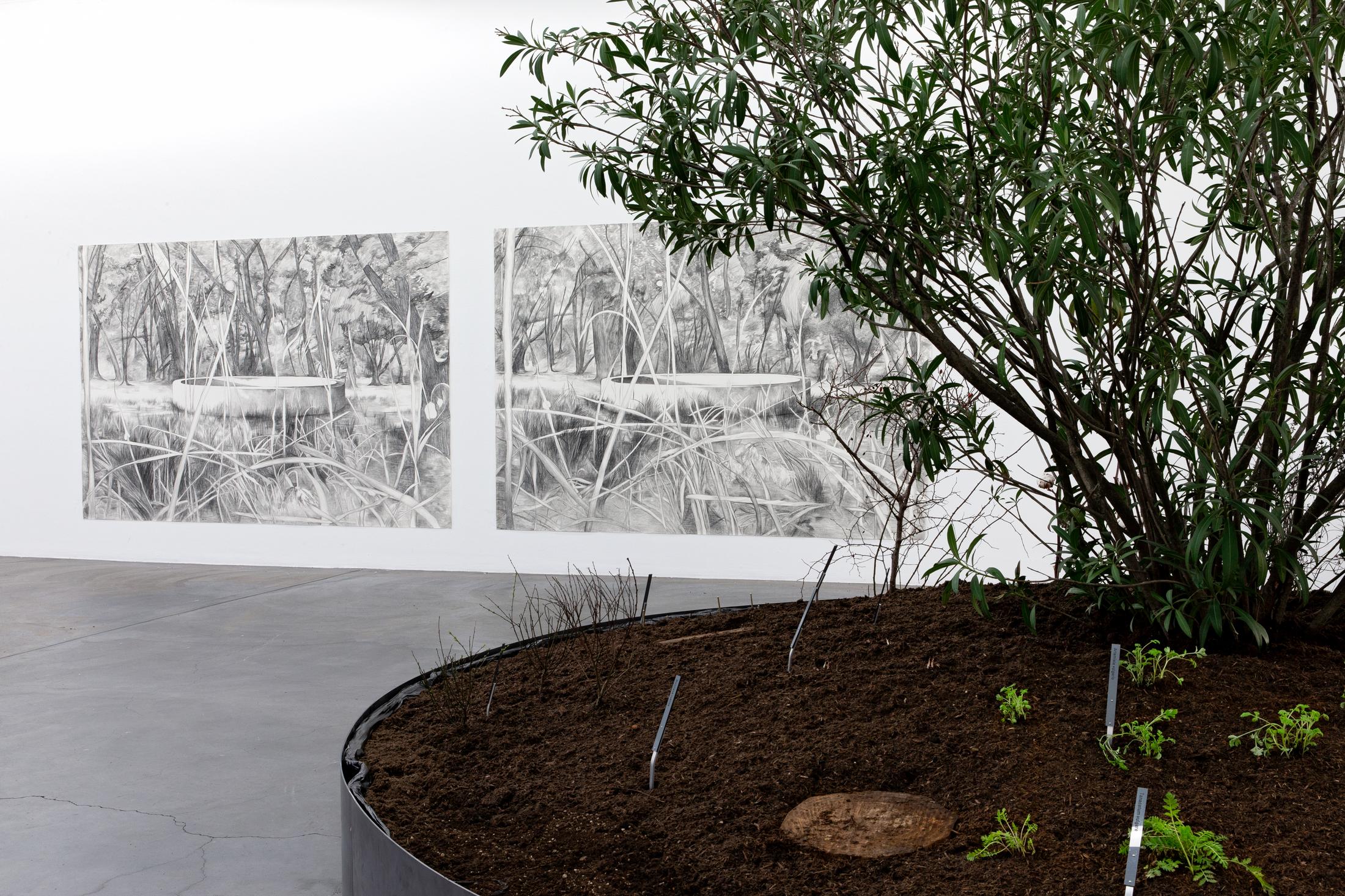 Exhibition View Marlene McCarty Soloshow «Into the Weeds; view on Hearth 2 (China Camp 2009, China Camp 1975), 2010» at Kunsthaus Baselland, Muttenz, 2020 / Photo: Gina Folly / Courtesy: the artist and Sikkema Jenkins & Co. Gallery