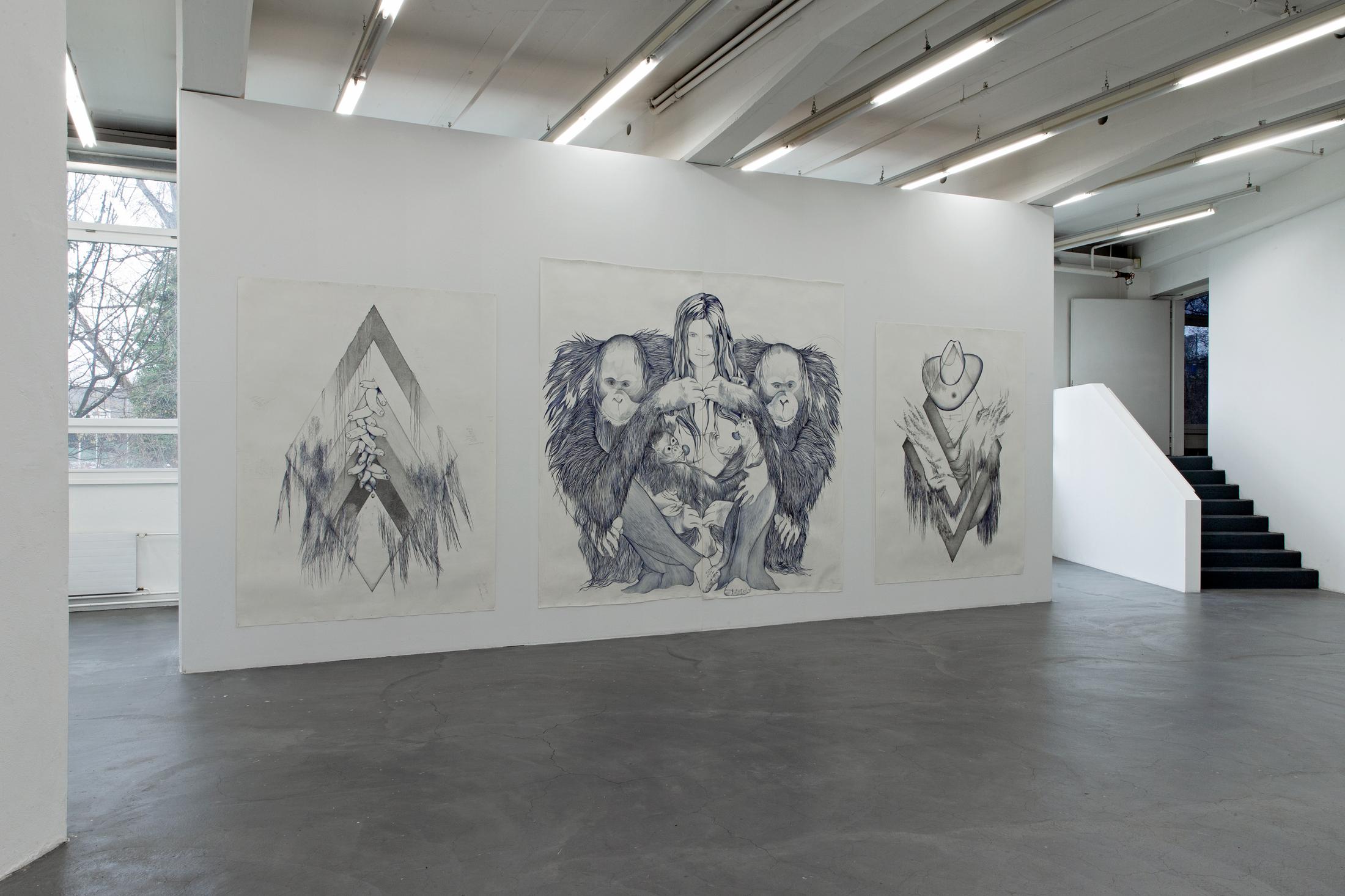 Exhibition View Marlene McCarty Soloshow «Into the Weeds; view on Invocation, Mutton, Escutcheon with Chevron, Rosary Pea, Body Odor, Benediction and All the Good They’d Do, 2019 / GROUP 3 (Tanjung Putting, Borneo. 1971), 2007 / Spare Tire, Sputter, Slinger, Spurt, Chasteberry, Monk’s Pepper, Yee Haw, 2019» at Kunsthaus Baselland, Muttenz, 2020 / Photo: Gina Folly / Courtesy: the artist