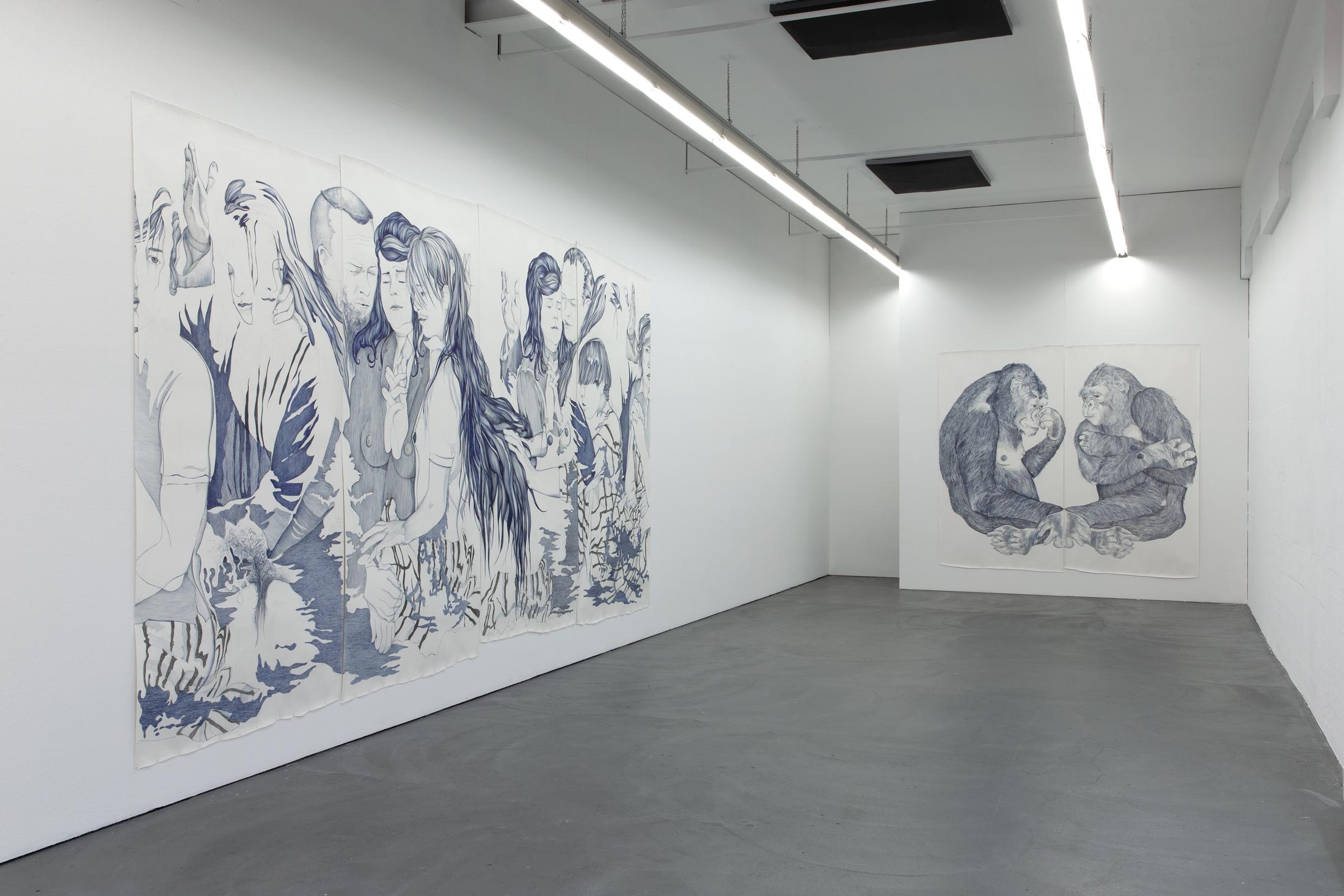 Exhibition View Marlene McCarty Soloshow «Into the Weeds; view on GROUP 1.3 (Lititz, Pennsylvania. Sunday, November 13, 2005. 11:25 am), 2007 / GROUP 10.2 (Stinker. Hug.), 2007» at Kunsthaus Baselland, Muttenz, 2020 / Photo: Gina Folly / Courtesy: the artist