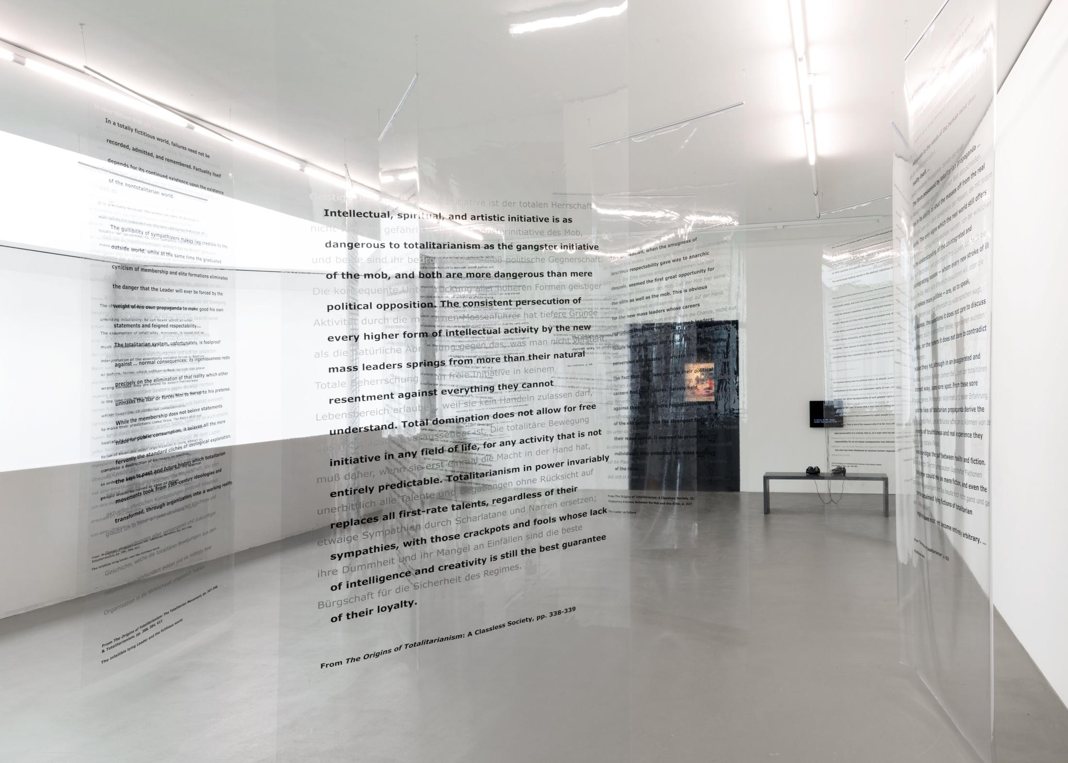 Exhibition View Martha Rosler "Reading Hannah Arendt (Politically, for an American in the 21st Century); 2006" at Kunstmuseum Basel Gegenwart 2018 / Photo: Marc Asekhame / Courtesy: Galerie Nagel Draxler, Berlin and Gallery Mitchell-Innes & Nash, New York