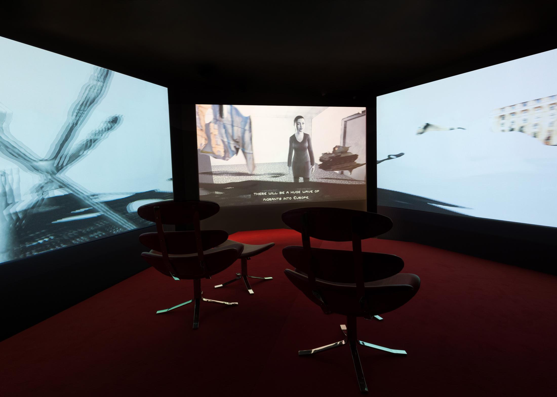 Exhibition View Hito Steyerl "Duty Free Art" at Kunstmuseum Basel Gegenwart 2018 / Photo: Marc Asekhame / Courtesy: Andrew Kreps Gallery, New York