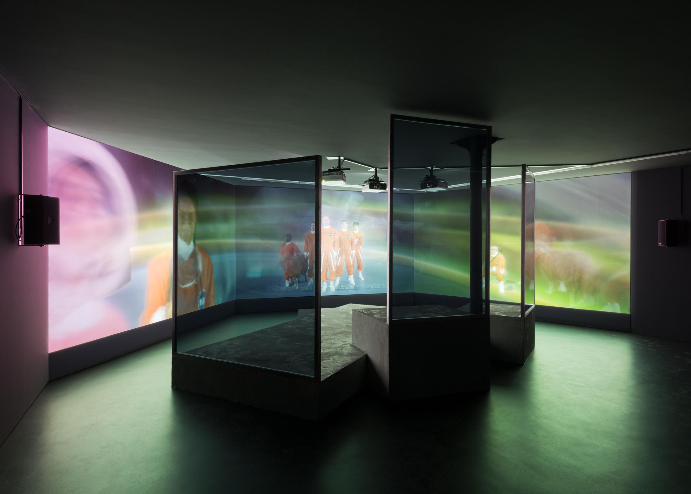 Exhibition View Hito Steyerl "ExtraSpaceCraft" at Kunstmuseum Basel Gegenwart 2018 / Photo: Marc Asekhame / Courtesy: Andrew Kreps Gallery, New York