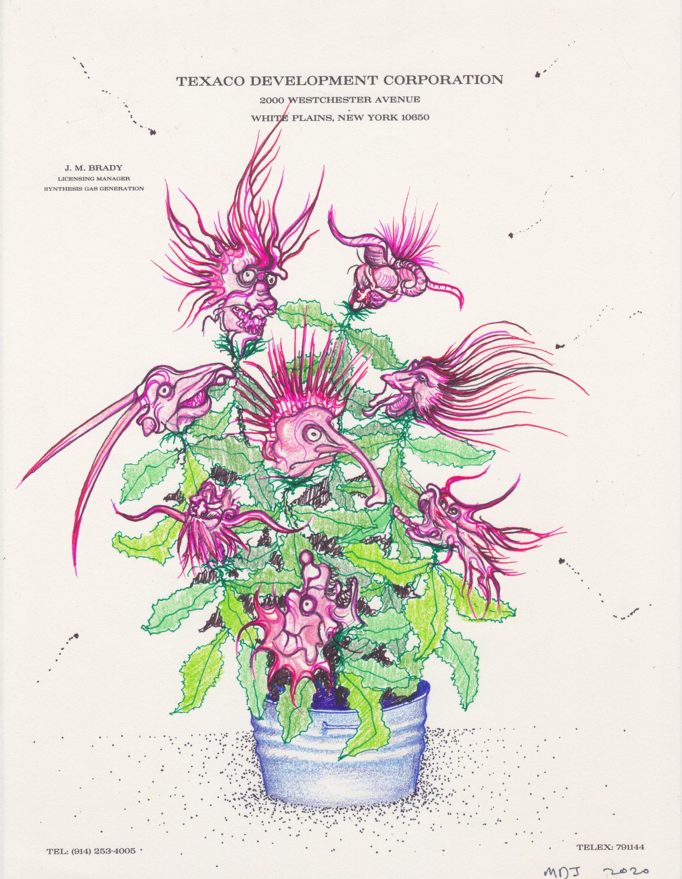 Exhibition View Matthew Day Jackson Soloshow «Flowers, Windows and Thistles; view on Matthew Day Jackson, Letterhead drawing #51, 2020, Pen, color pencil, MSA on paper, 27.9 x 21.6 cm» at Hauser & Wirth Zürich, Zurich, 2020 / Photo: © Matthew Day Jackson / Courtesy: the artist and Hauser & Wirth