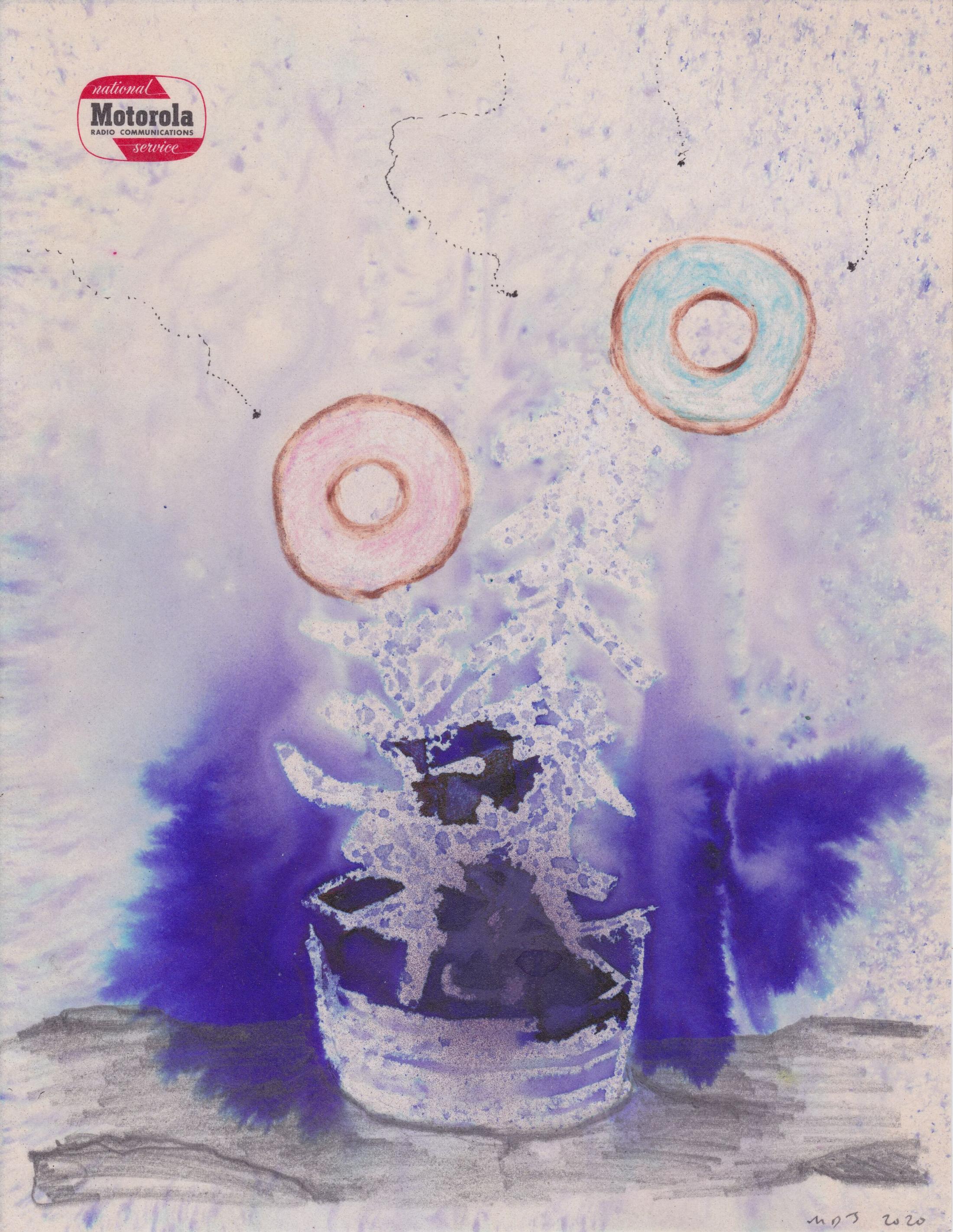 Exhibition View Matthew Day Jackson Soloshow «Flowers, Windows and Thistles; view on Matthew Day Jackson, Letterhead drawing #94, 2020, Spray, watercolor, pen, color pencil, pencil, MSA on paper, 27.9 x 21.6 cm» at Hauser & Wirth Zürich, Zurich, 2020 / Photo: © Matthew Day Jackson / Courtesy: the artist and Hauser & Wirth