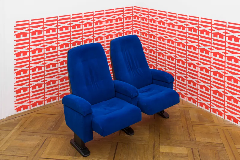 Exhibition View Matthias Liechti Solo Show «This happened or maybe it did not. The time is long past and much is forgot.; view on Matthias Liechti, Used Cinema Chairs for 6-Year-Olds, 2020, velour, polyester fiberglass laminate, aluminum, car paint, 100 x 55 x 70 cm» at Silicon Malley, Prilly, 2020 / Photo: Guadalupe Ruiz, Claude Barrault / Courtesy: the artist and Silicon Malley