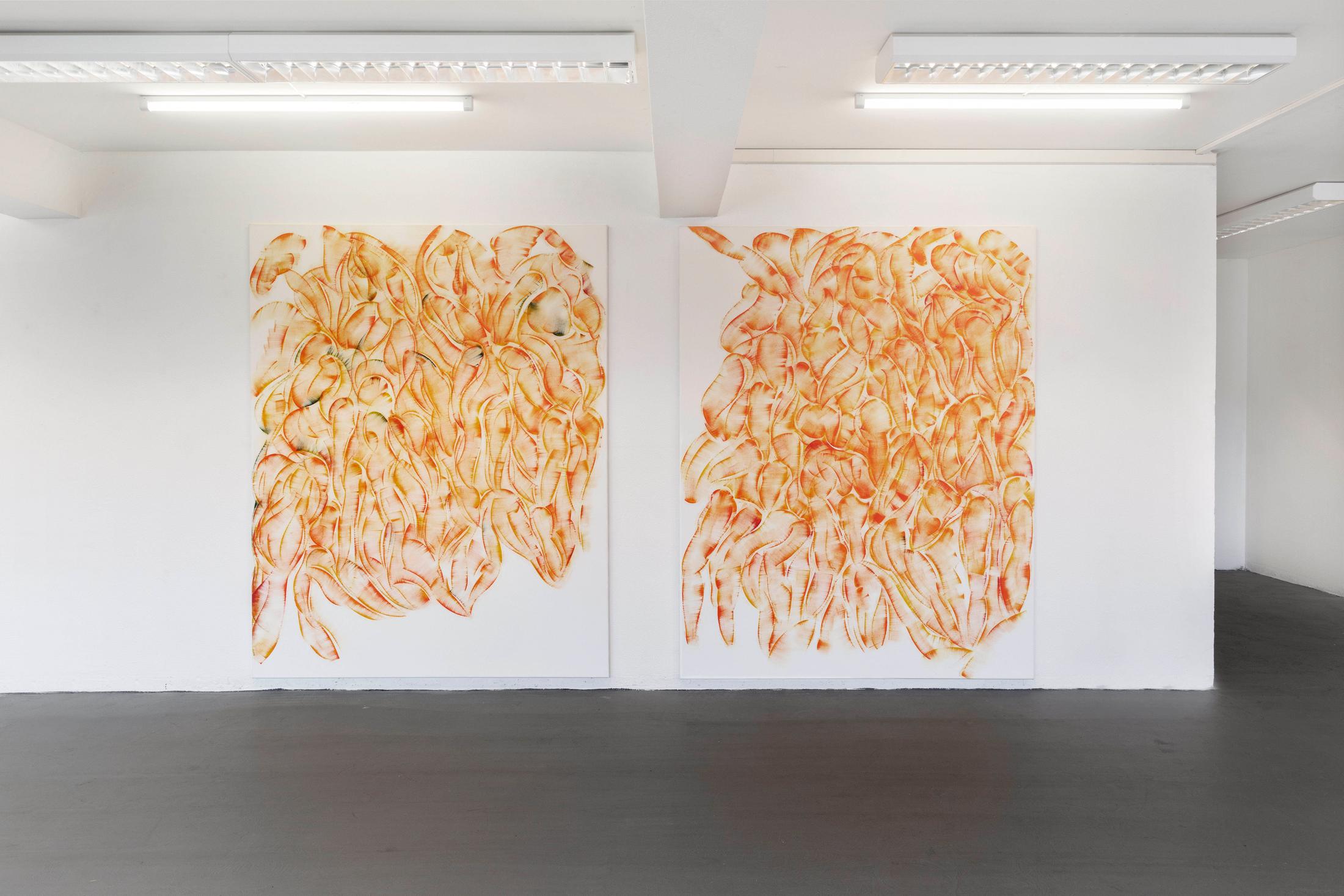 Exhibition View Joint Exhibition «Punk Delikatessen; view on Matthias Schaufler, Orange Night in Naples I & II, 2019» at Suns Works, Zurich, 2020 / Photo: Simon Baumberger  / Courtesy: the artists and Suns Works