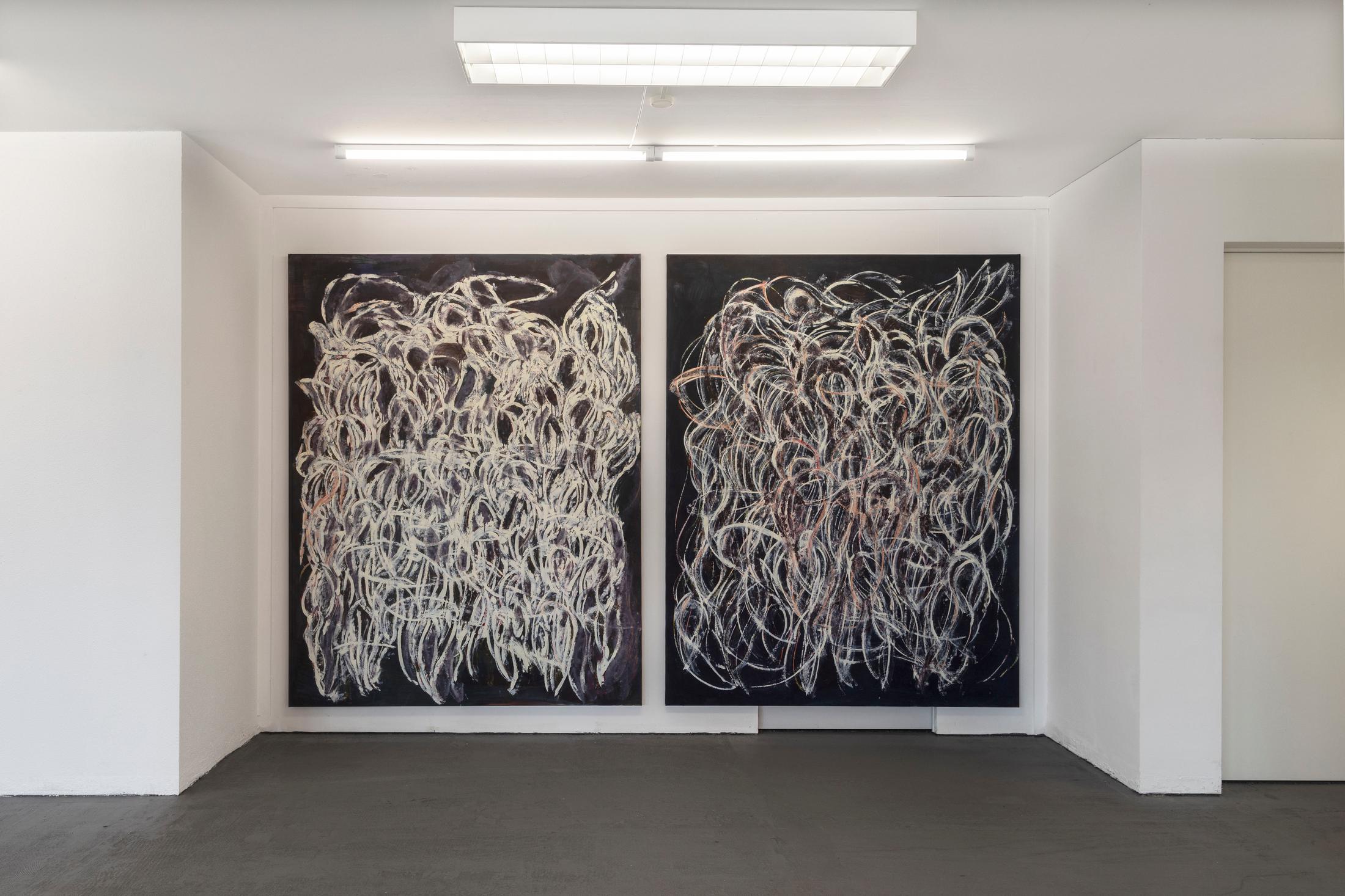 Exhibition View Joint Exhibition «Punk Delikatessen; view on Matthias Schaufler, Sick Painting and Fake Painting, both 2019» at Suns Works, Zurich, 2020 / Photo: Simon Baumberger  / Courtesy: the artists and Suns Works