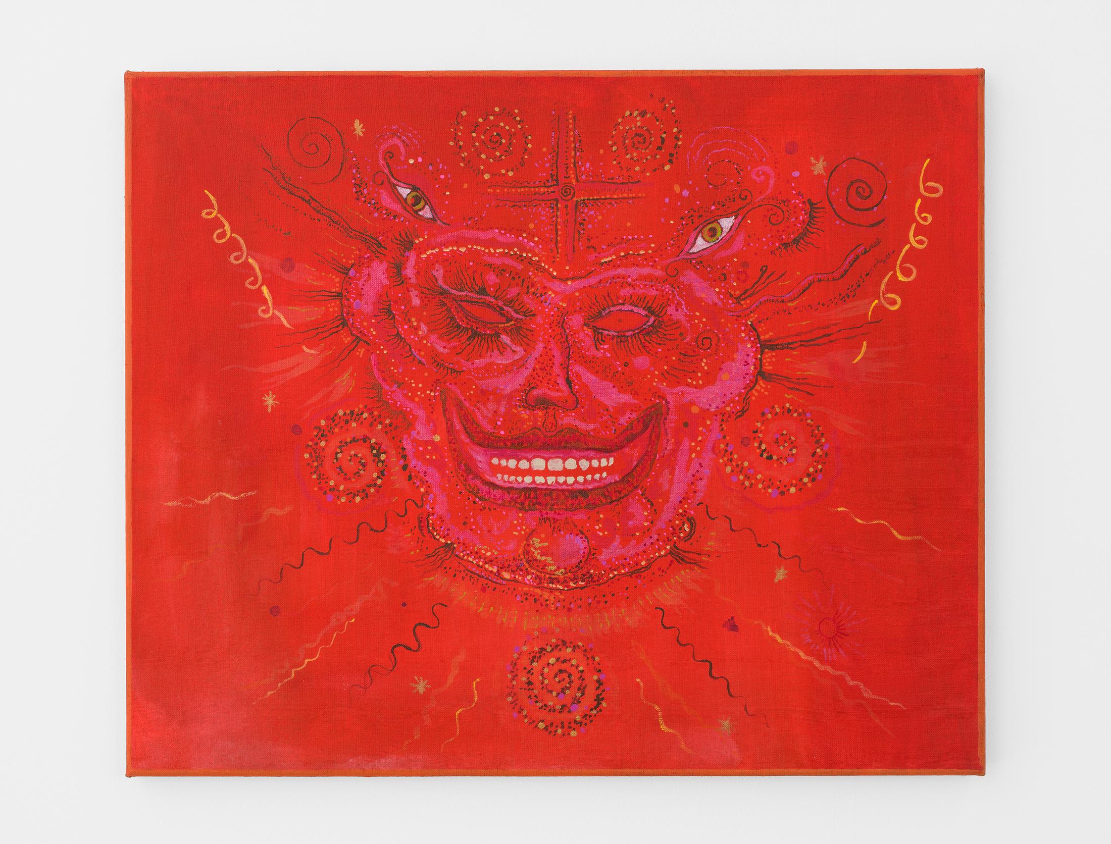 Exhibition View Duo Show «Komorbide Monde; view on Abel Auer, Rote Maske, Acryl and Oil on Canvas, 45 × 55 cm, 2021» at Kirchgasse Gallery, Steckborn, 2022 / Photo: Cedric Mussano / Courtesy: the artists and Kirchgasse Gallery