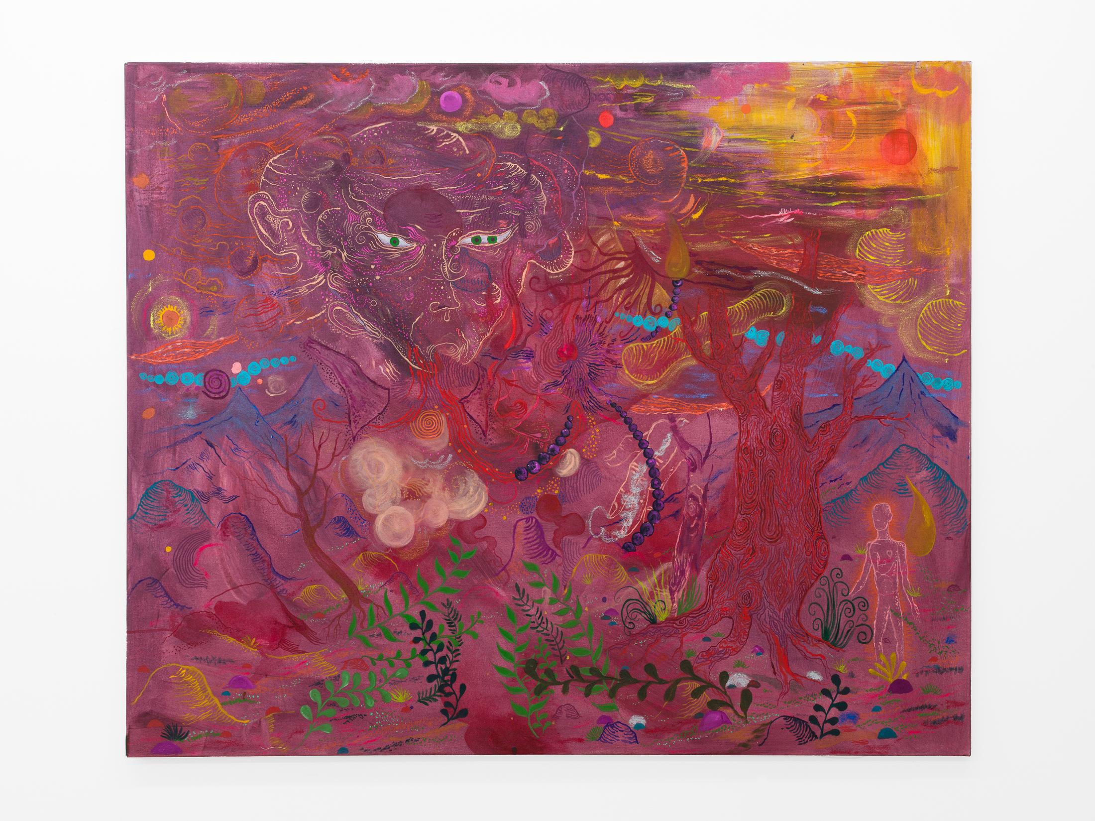 Exhibition View Duo Show «Komorbide Monde; view on Abel Auer, Gottes Reue, Acryl and Oil on Canvas, 115 × 140 cm, 2021» at Kirchgasse Gallery, Steckborn, 2022 / Photo: Cedric Mussano / Courtesy: the artists and Kirchgasse Gallery