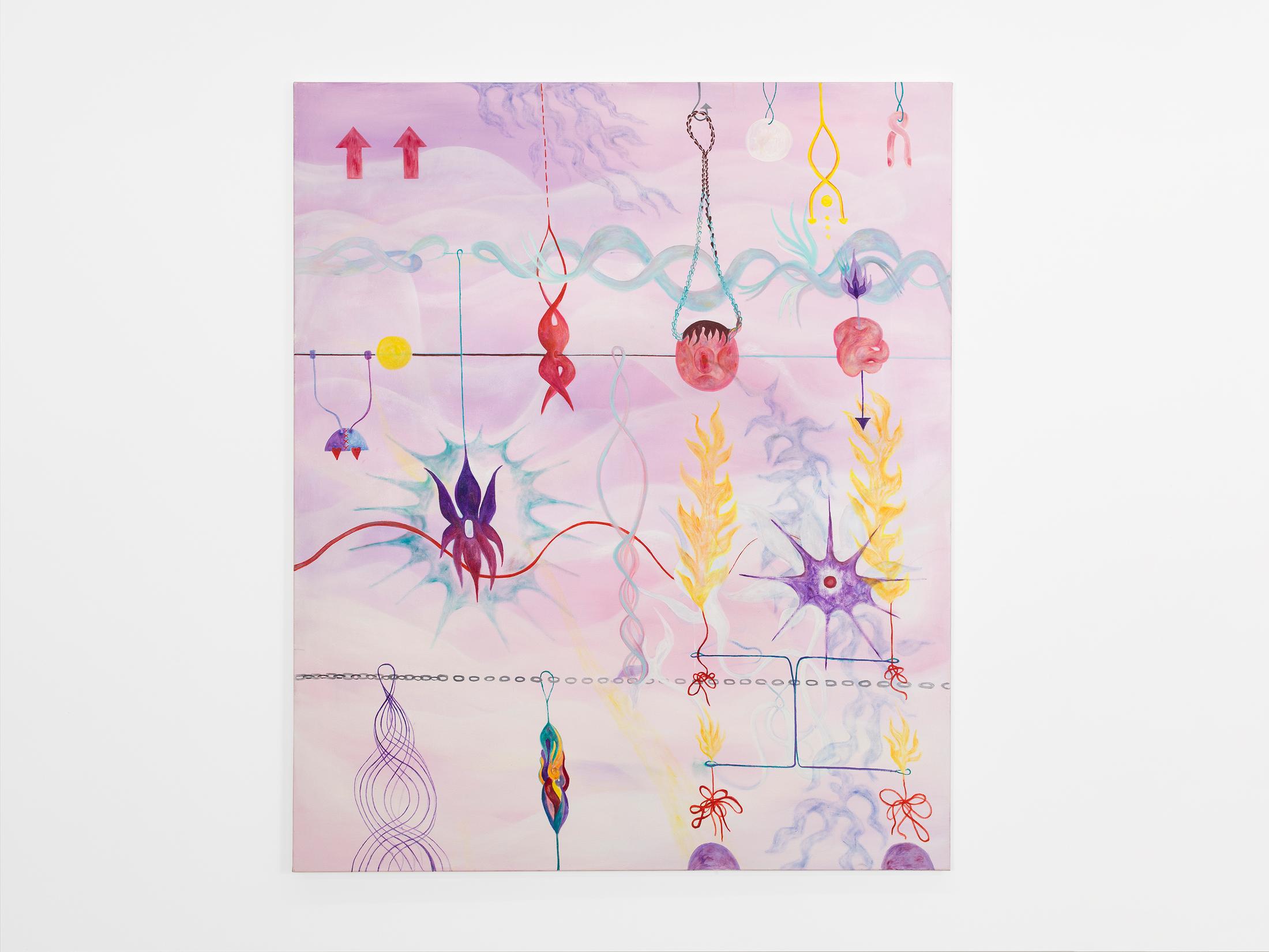 Exhibition View Duo Show «Komorbide Monde; view on Melisa Sabir, Gehängsel, Oil on Canvas, 150 × 125 cm, 2020» at Kirchgasse Gallery, Steckborn, 2022 / Photo: Cedric Mussano / Courtesy: the artists and Kirchgasse Gallery