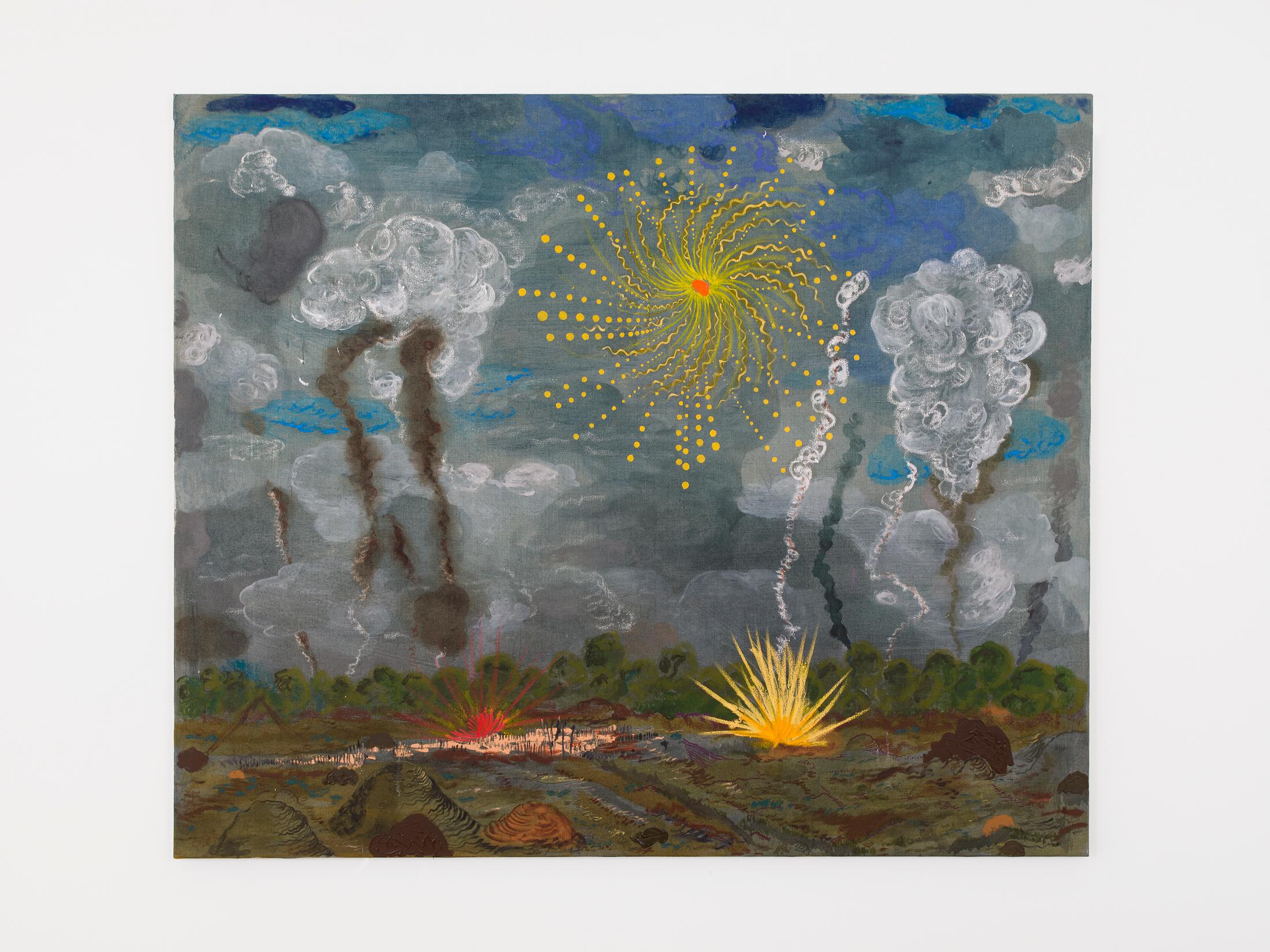 Exhibition View Duo Show «Komorbide Monde; view on Abel Auer, Feuerwerk im Osten, Acryl and Oil on Canvas, 150 × 180 cm, 2022» at Kirchgasse Gallery, Steckborn, 2022 / Photo: Cedric Mussano / Courtesy: the artists and Kirchgasse Gallery