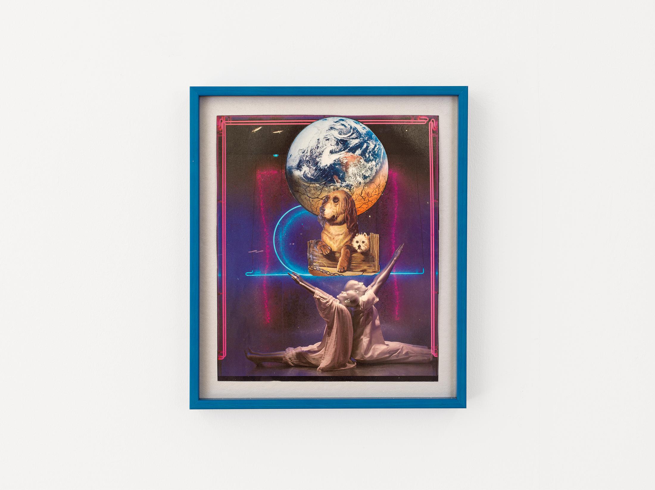 Exhibition View Duo Show «Komorbide Monde; view on Melisa Sabir & Abel Auer, Collage, Komorbide Monde, Framed, 60 × 91 cm, 2021» at Kirchgasse Gallery, Steckborn, 2022 / Photo: Cedric Mussano / Courtesy: the artists and Kirchgasse Gallery