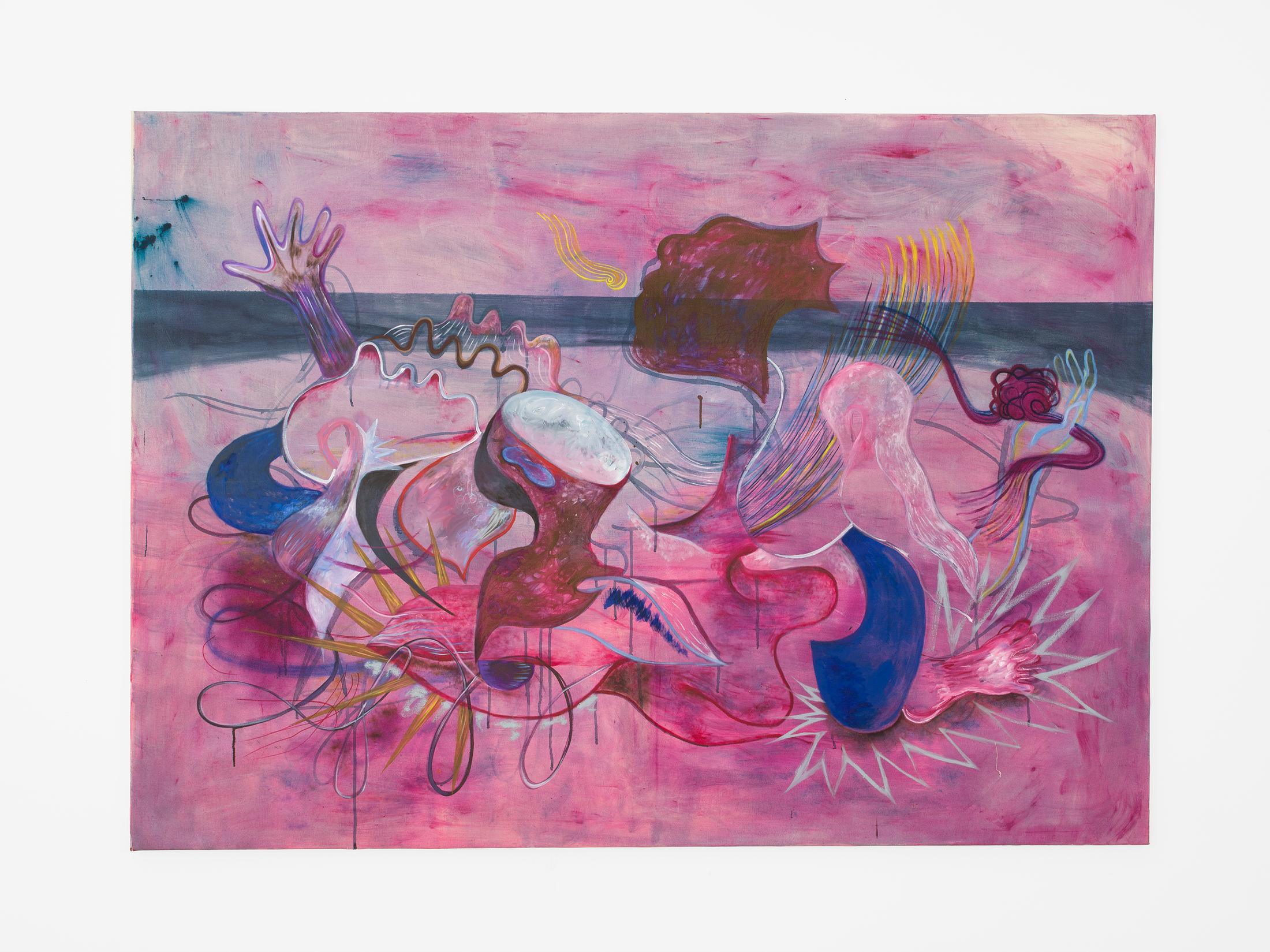 Exhibition View Duo Show «Komorbide Monde; view on Melisa Sabir, Zerfall, Oil on Canvas, 180 × 130 cm, 2022» at Kirchgasse Gallery, Steckborn, 2022 / Photo: Cedric Mussano / Courtesy: the artists and Kirchgasse Gallery